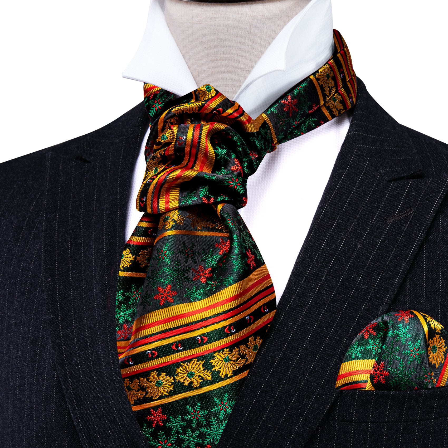 Christmas Green Gold Floral Silk Ascot Tie Handkerchief Cufflinks