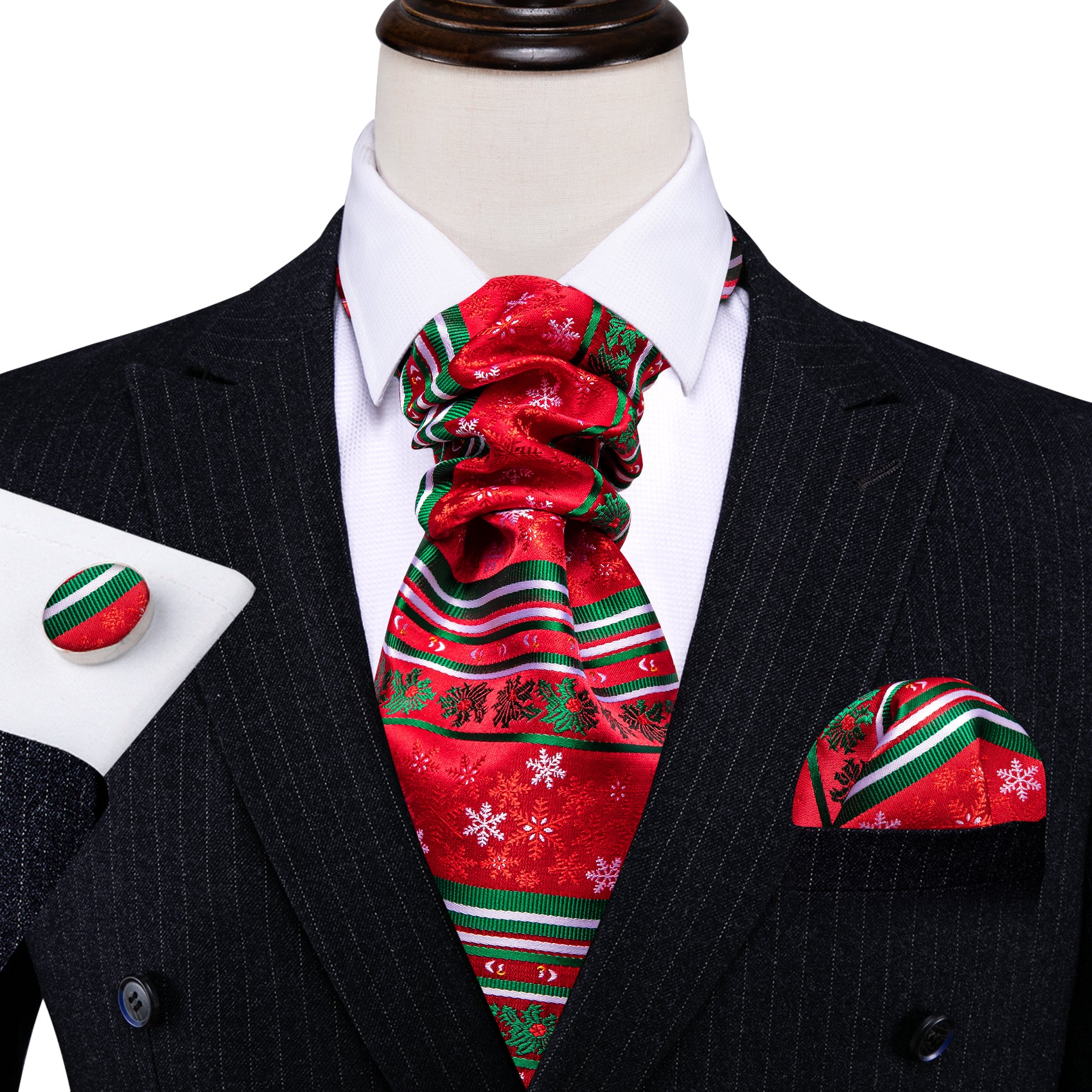 Christmas Red Green Floral Silk Ascot Handkerchief Cufflinks