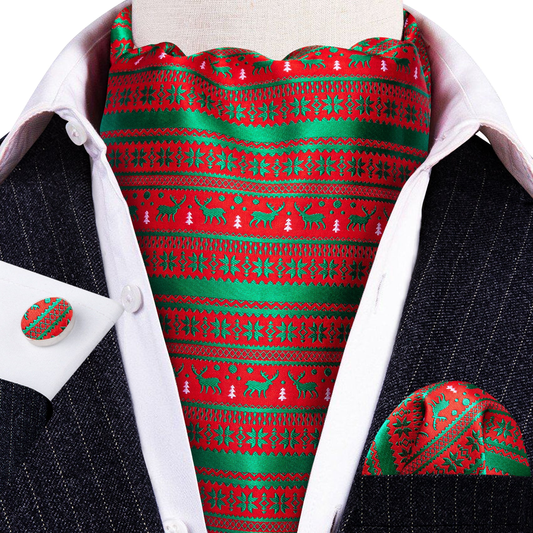 Christmas Red Green Floral Elk Silk Ascot Handkerchief Cufflinks
