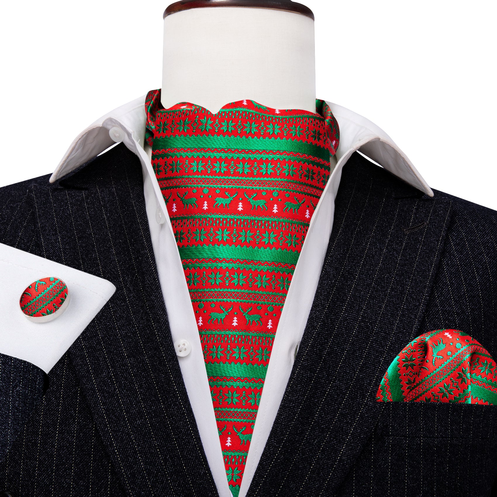 Christmas Red Green Floral Elk Silk Ascot Handkerchief Cufflinks