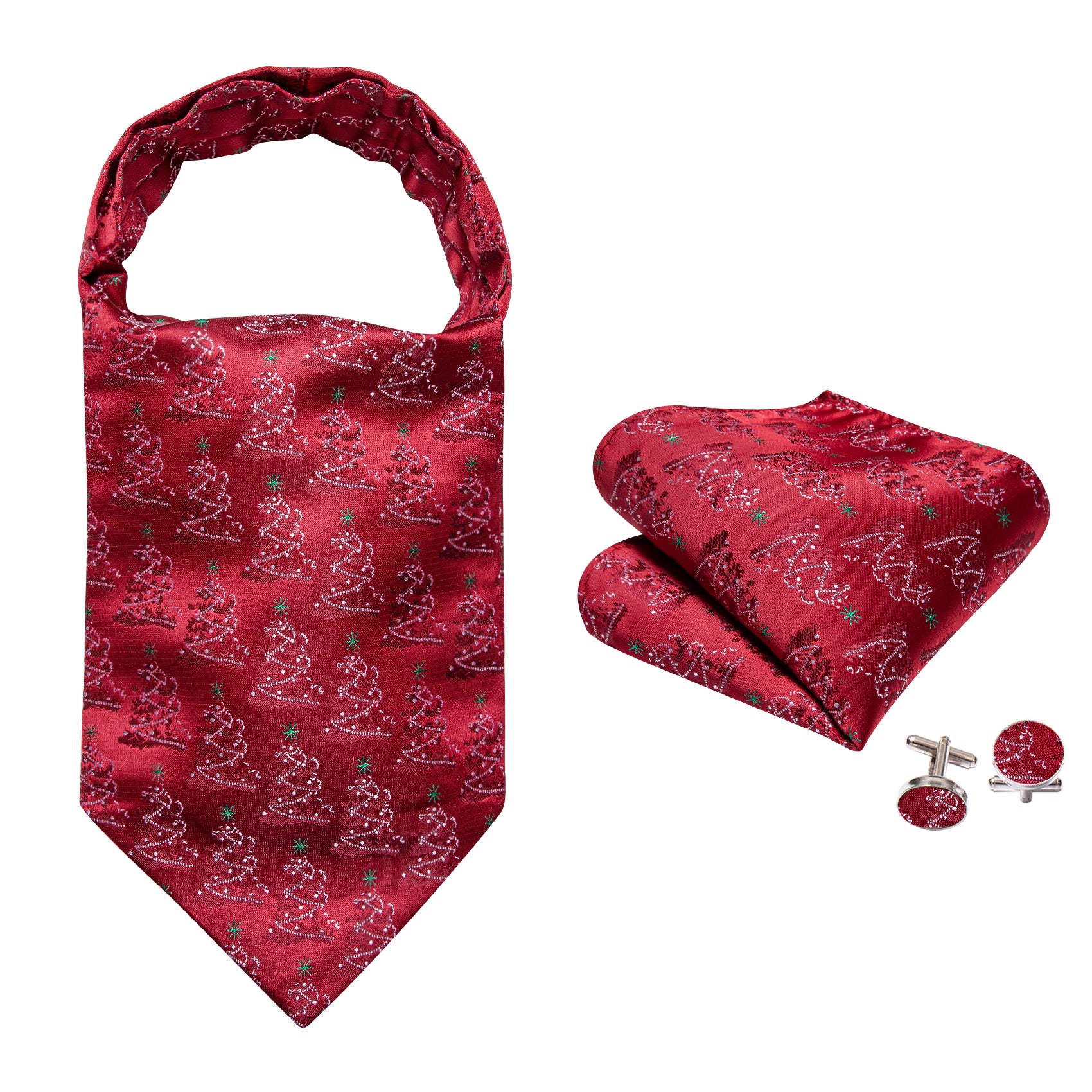 Red Christmas Tree Silk Ascot Handkerchief Cufflinks