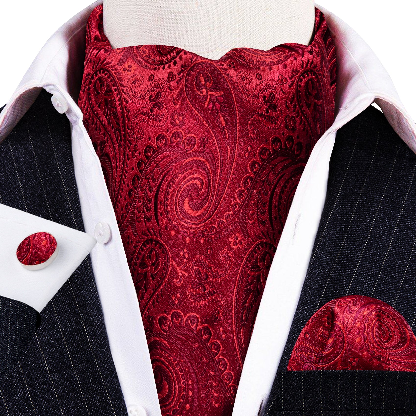 Barry.wang Red Tie Paisley Silk Men's Ascot Handkerchief Cufflinks for Wedding
