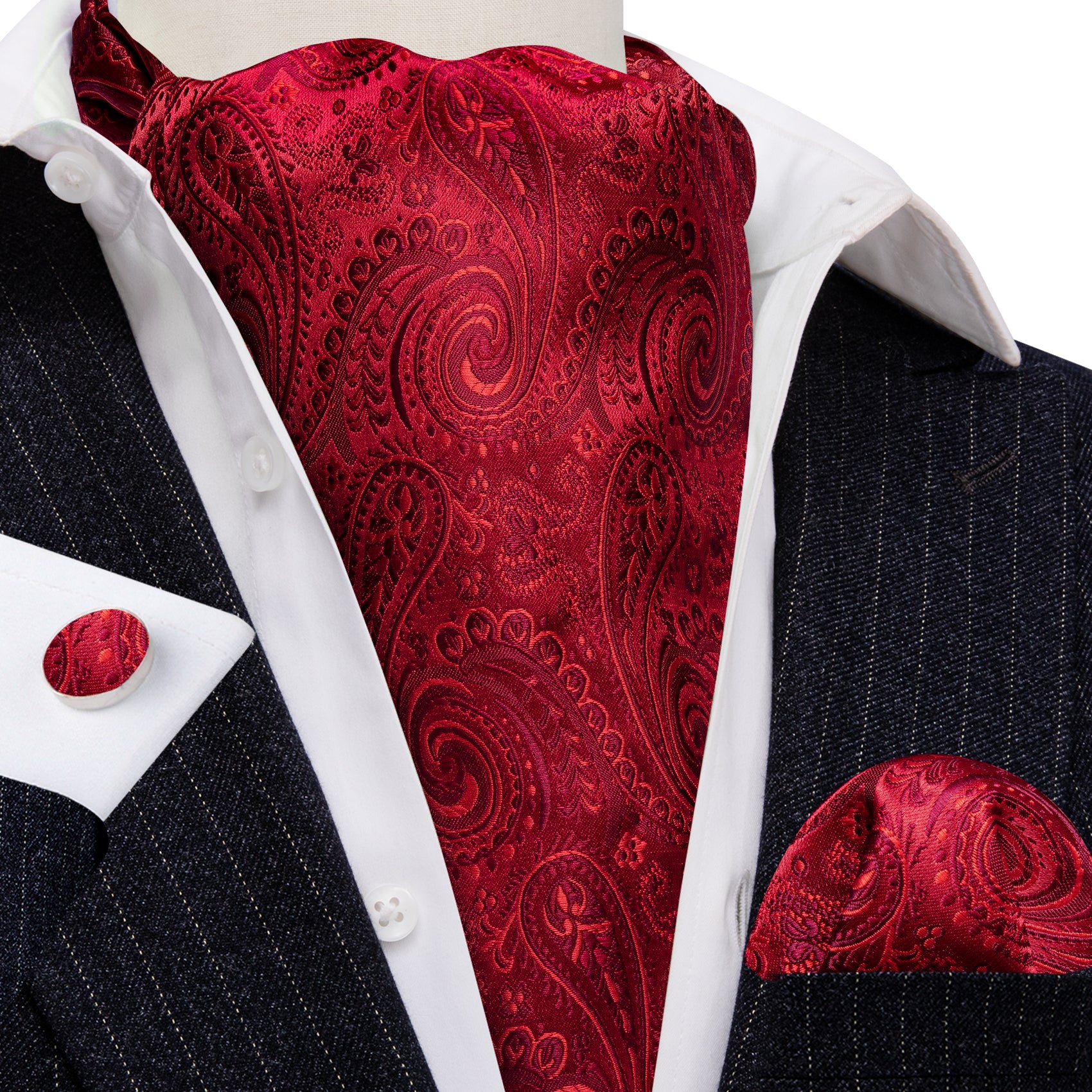 Bright Red Paisley Silk Ascot Handkerchief Cufflinks