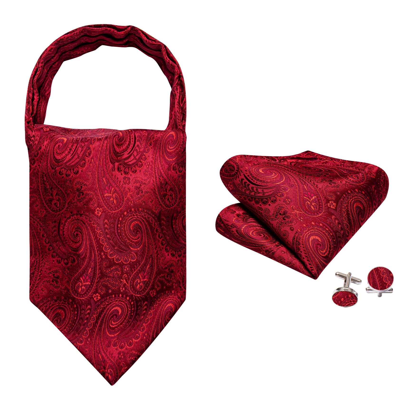 Bright Red Paisley Silk Ascot Handkerchief Cufflinks