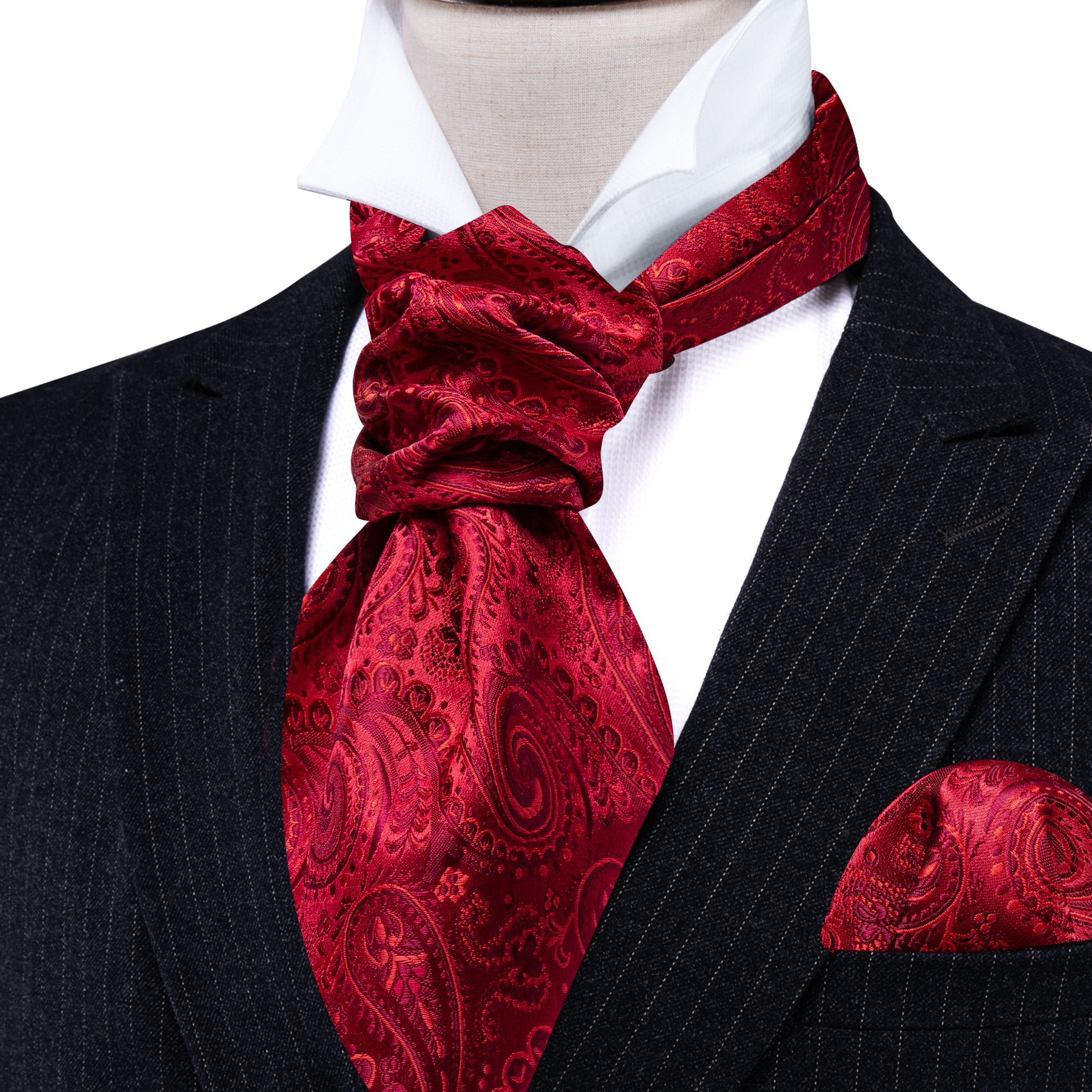 Barry.wang Red Tie Paisley Silk Men's Ascot Handkerchief Cufflinks for Wedding