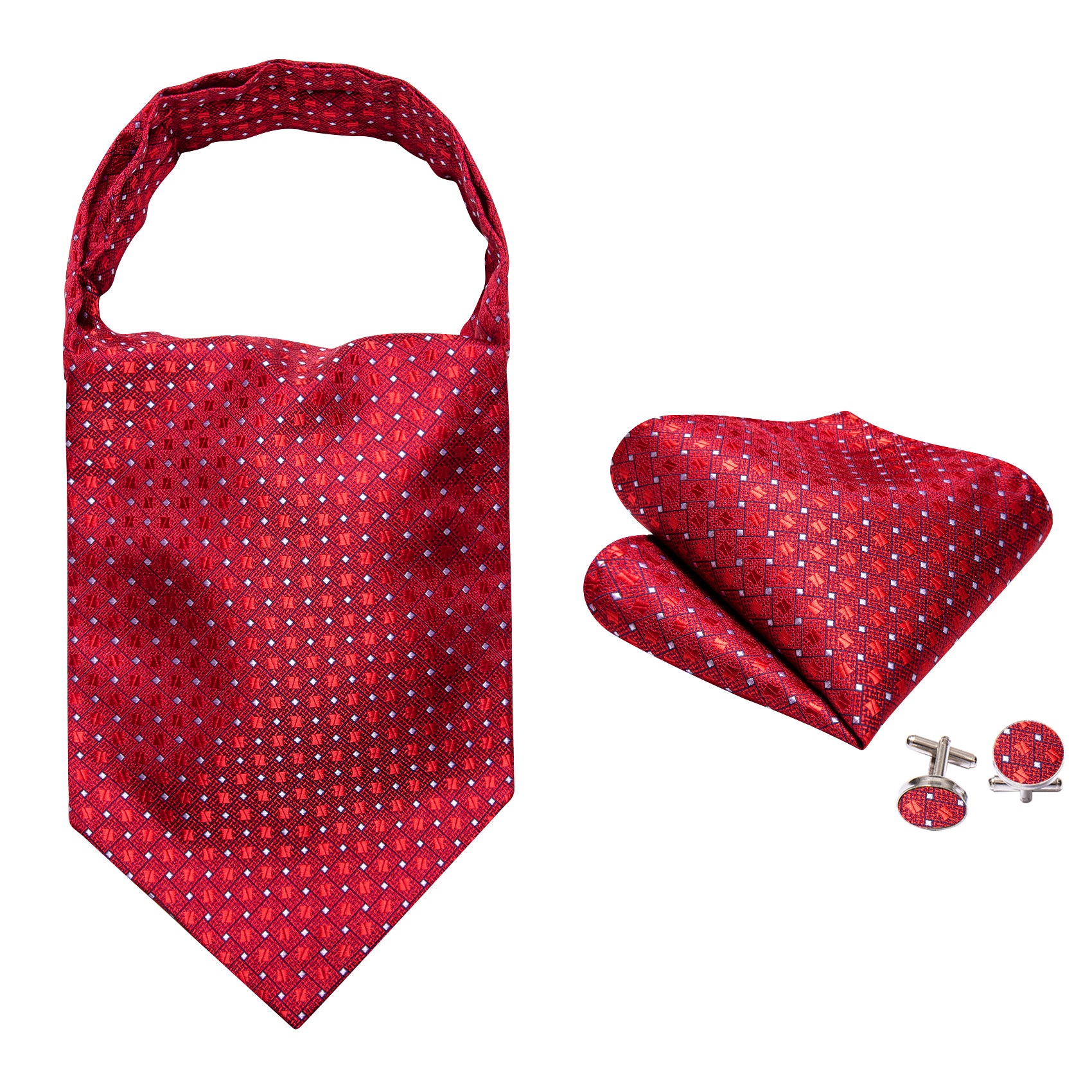 Red White Plaid Silk Ascot Handkerchief Cufflinks