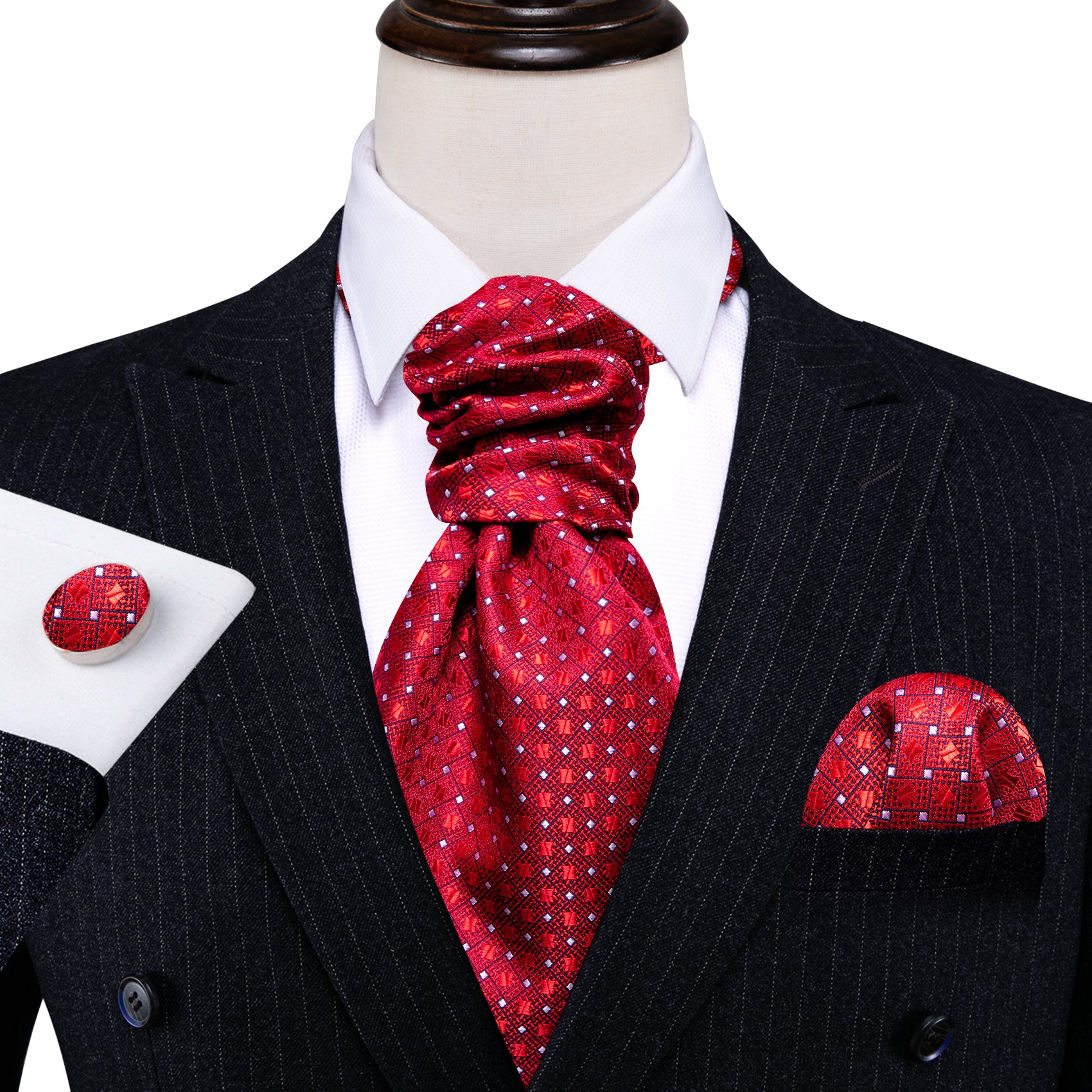 Red White Plaid Silk Ascot Handkerchief Cufflinks