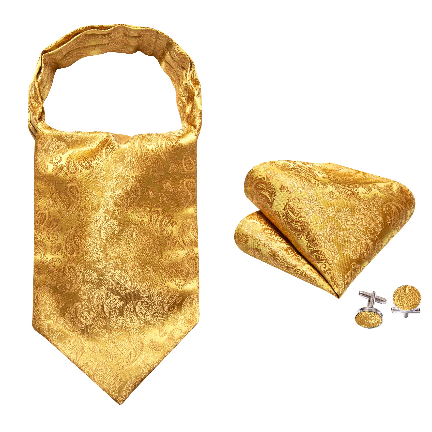 Gold Yellow Paisley Silk Ascot Handkerchief Cufflinks