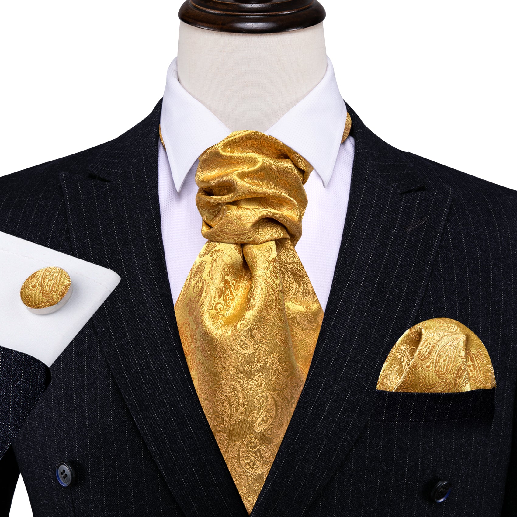 Gold Yellow Paisley Silk Ascot Handkerchief Cufflinks