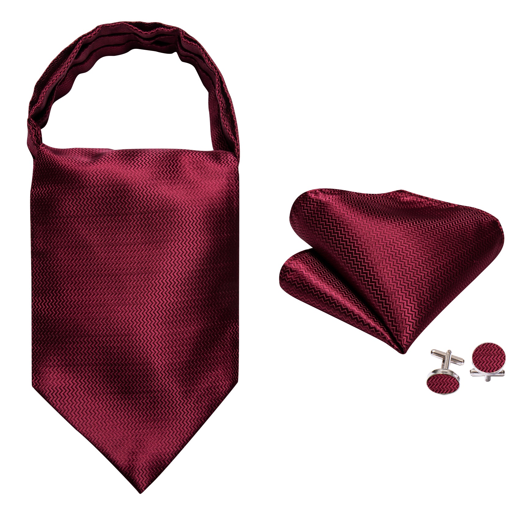 Dark Red Striped Silk Ascot Handkerchief Cufflinks