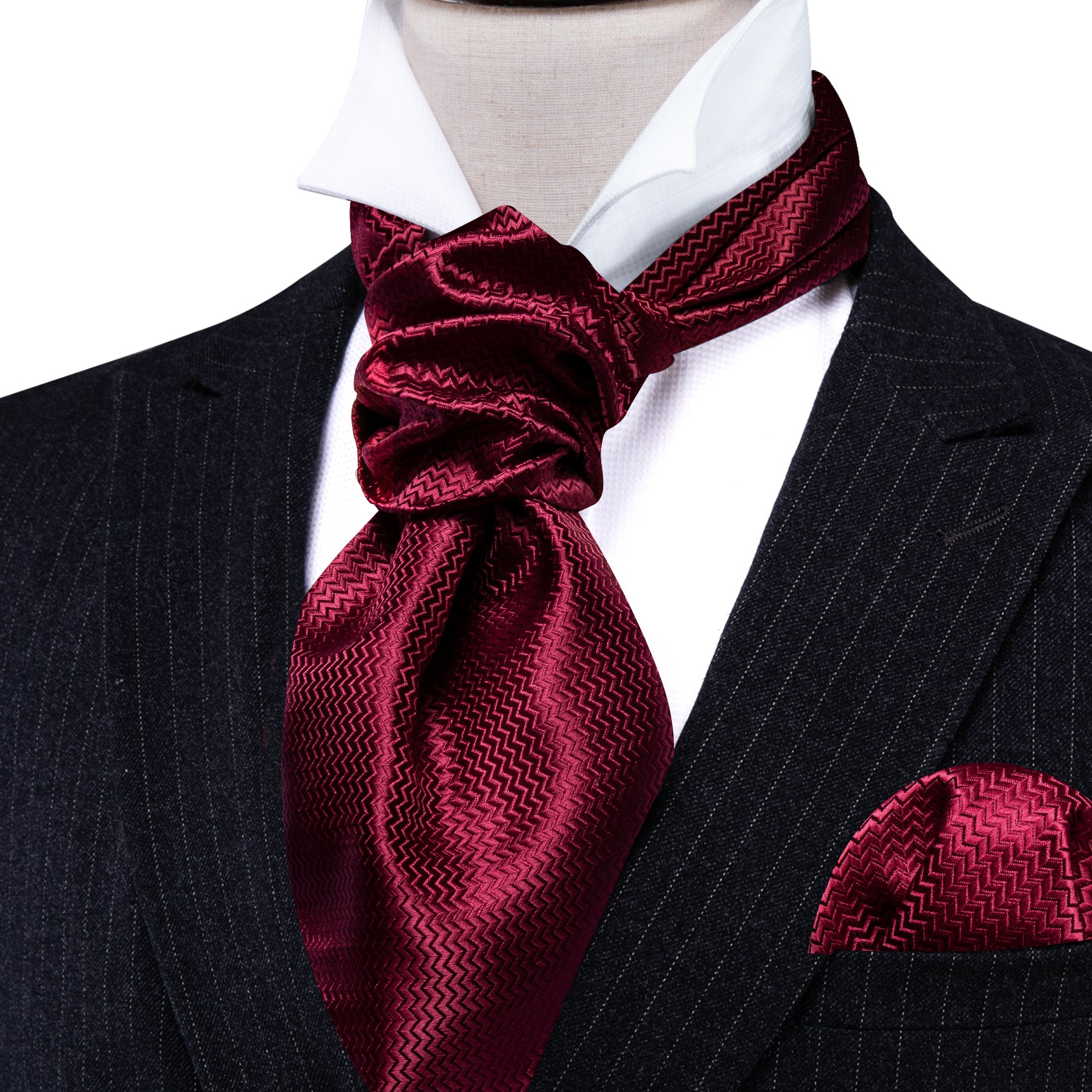 Dark Red Striped Silk Ascot Handkerchief Cufflinks