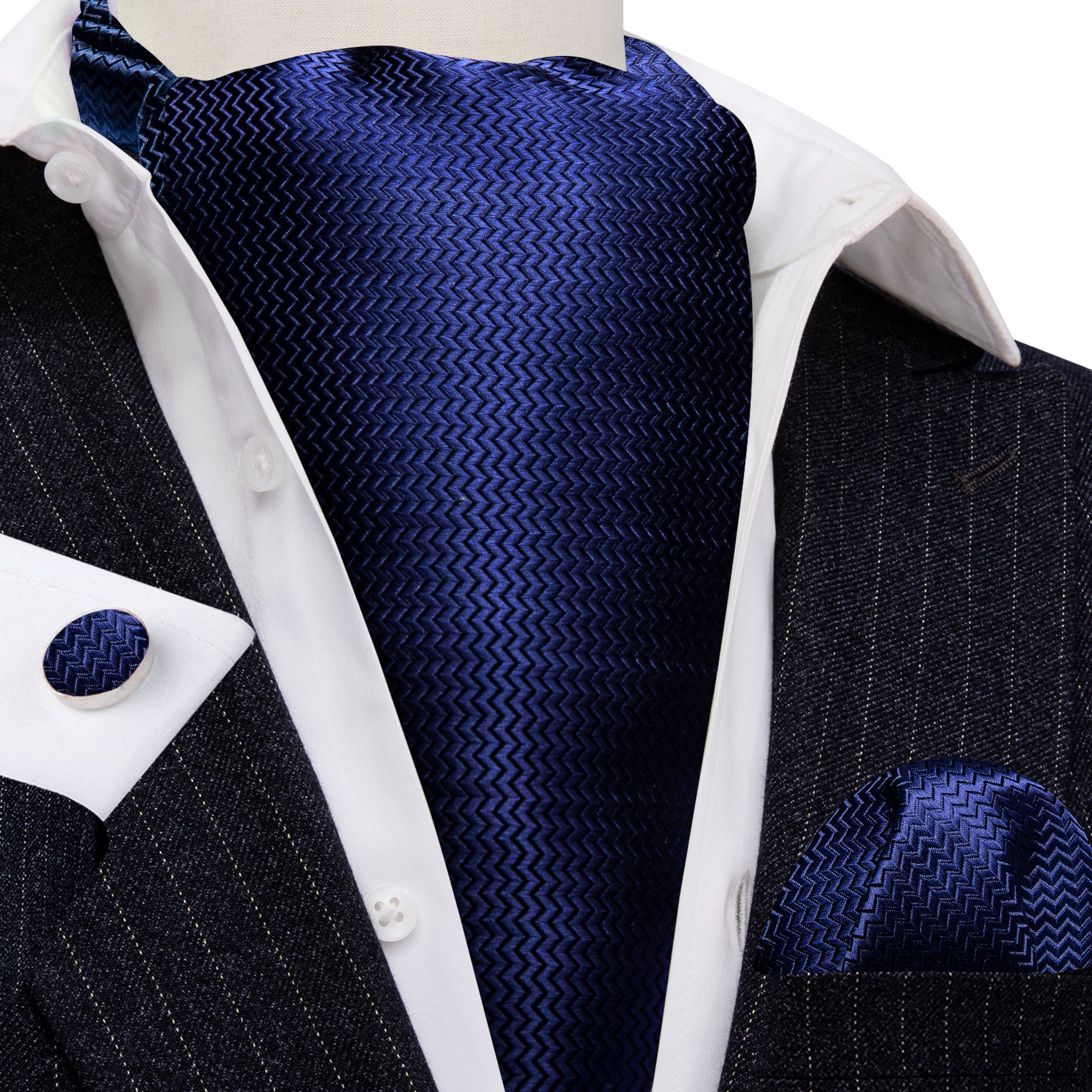 Blue Solid Silk Ascot Handkerchief Cufflinks