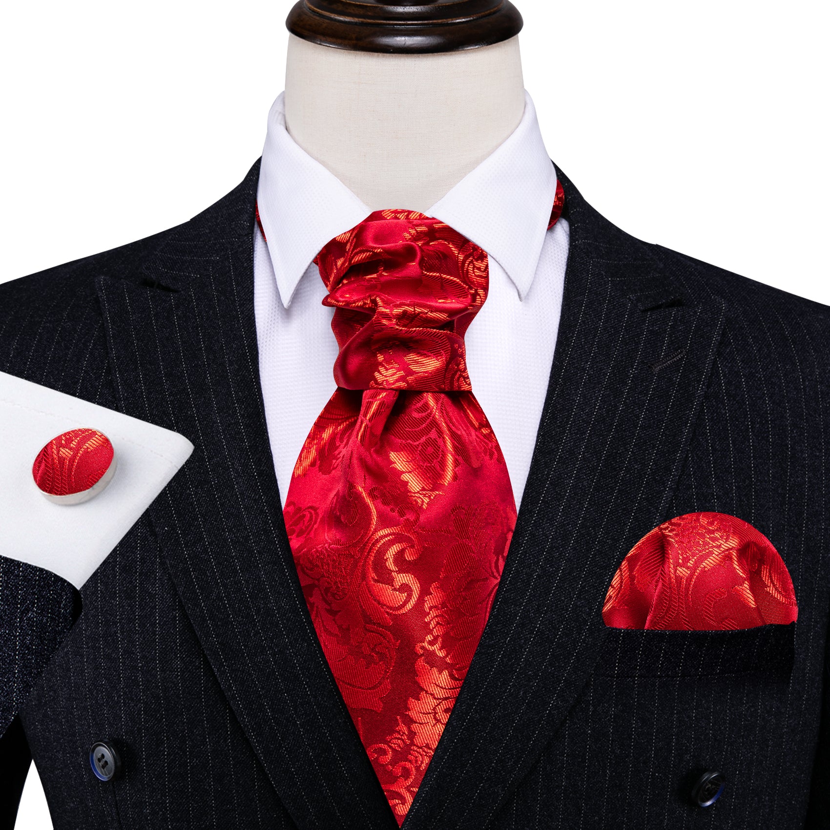 Red Floral Silk Ascot Handkerchief Cufflinks