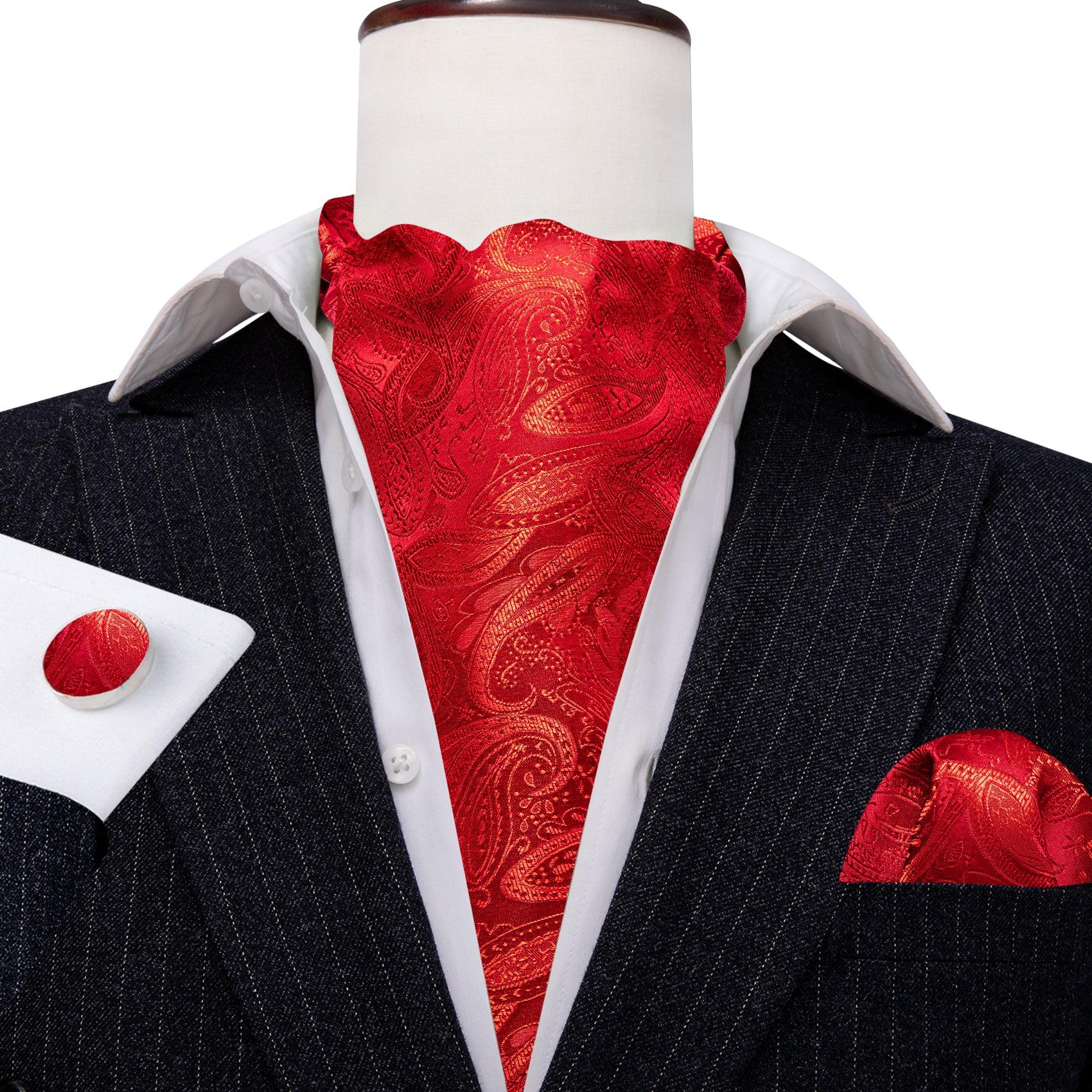 Strong Red Paisley Silk Ascot Handkerchief Cufflinks