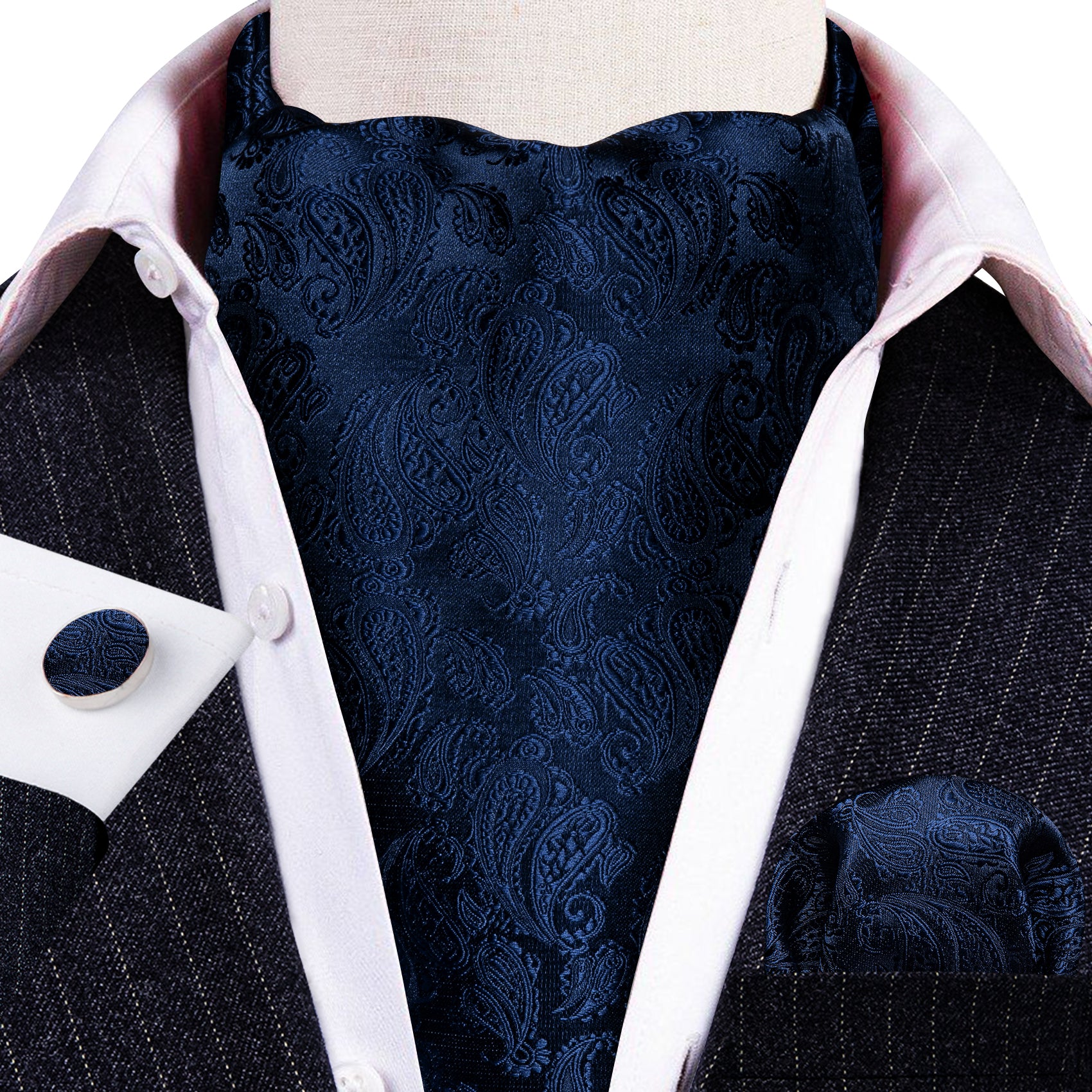 Ultra Marine Paisley Silk Ascot Handkerchief Cufflinks