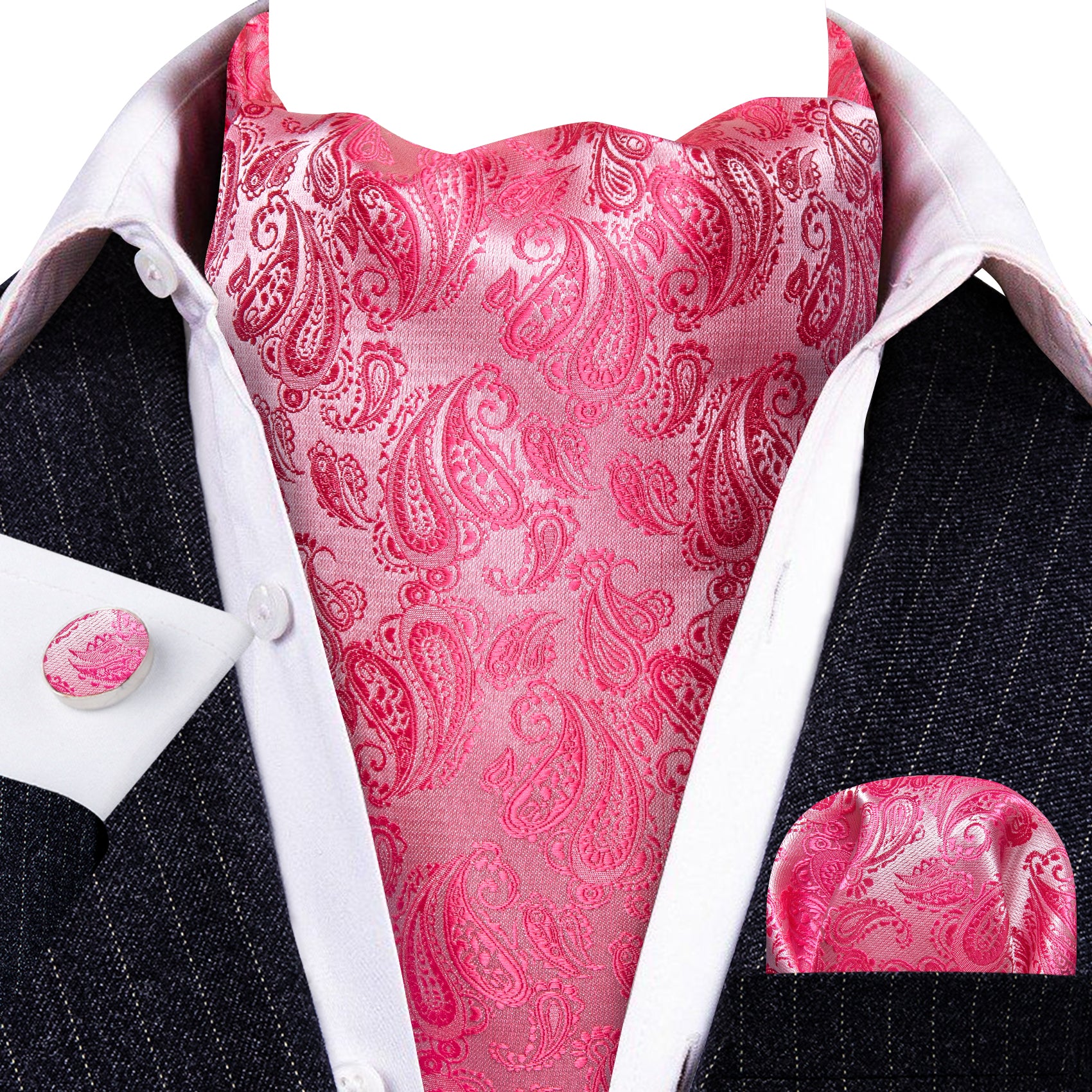 Shock Pink Paisley Silk Ascot Tie Handkerchief Cufflinks Set