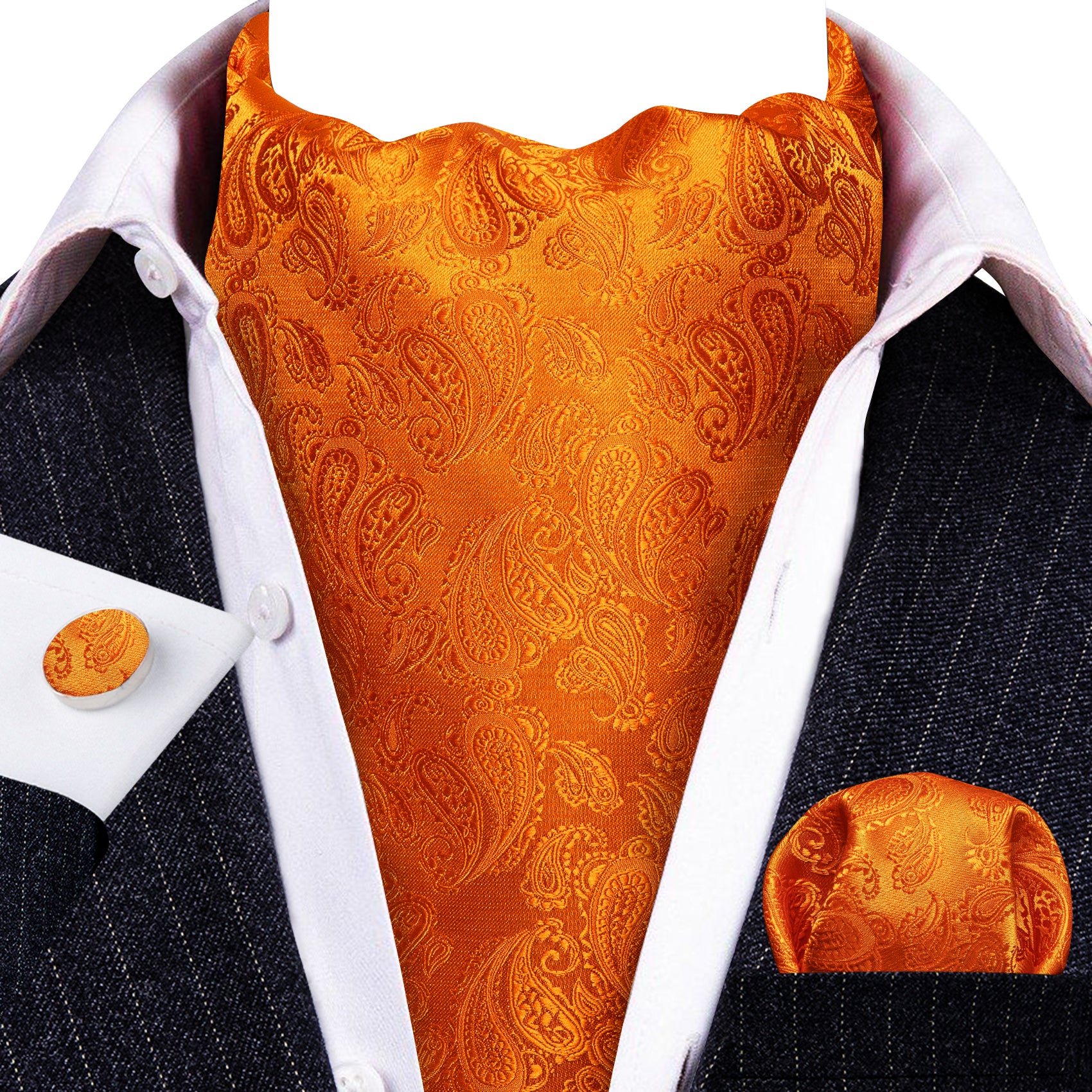 Orange Paisley Silk Ascot Tie Handkerchief Cufflinks Set