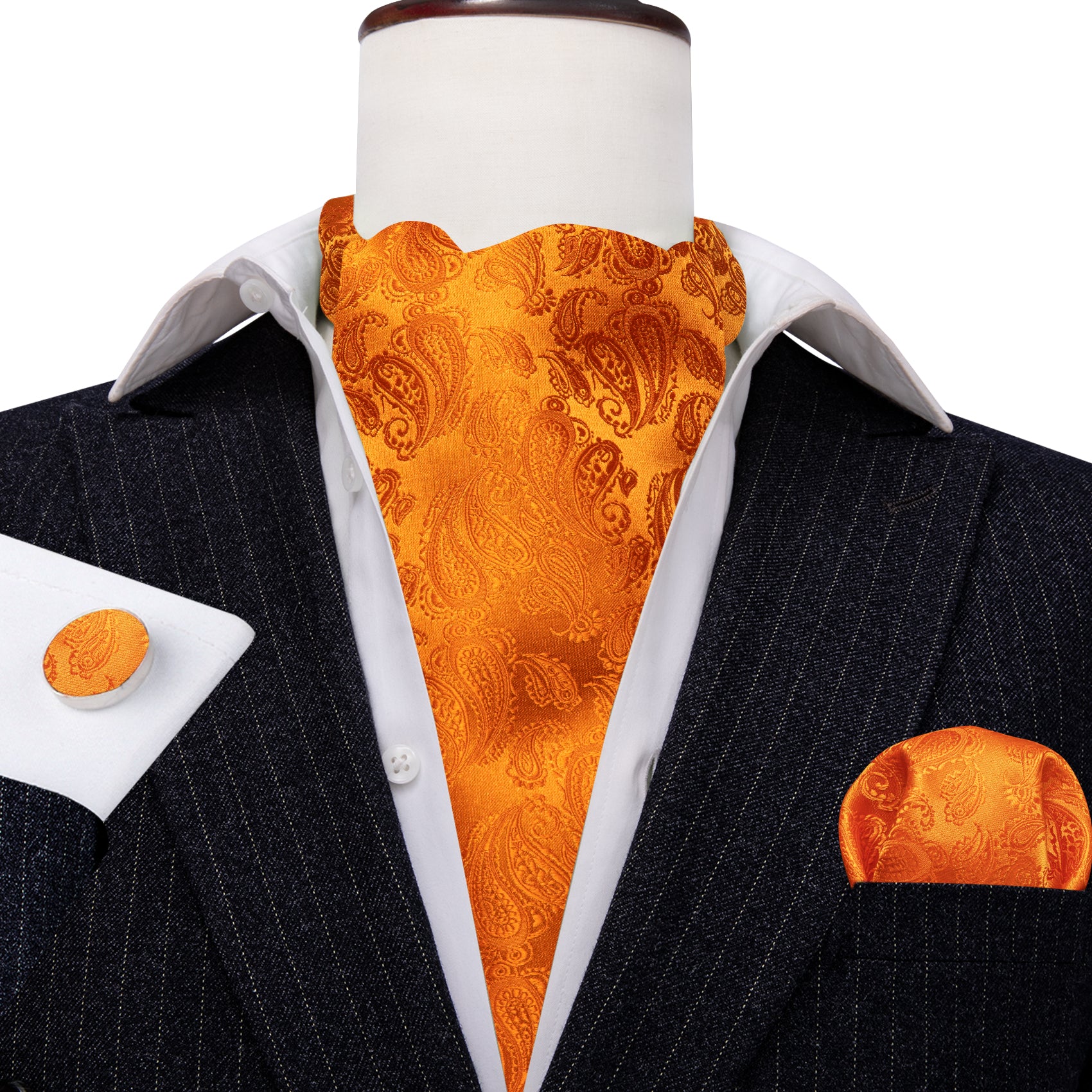 Orange Paisley Silk Ascot Tie Handkerchief Cufflinks Set