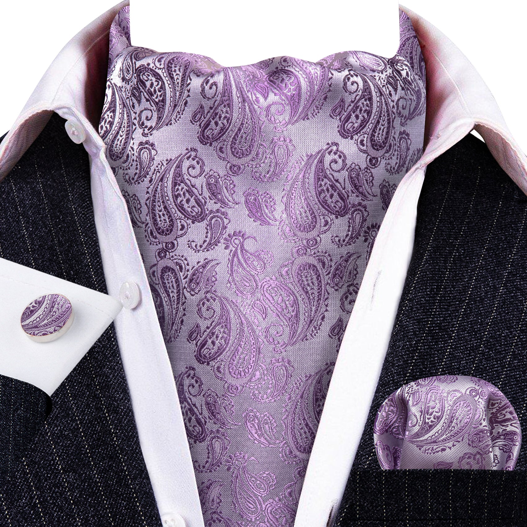Purple White Paisley Silk Ascot Tie Handkerchief Cufflinks Set