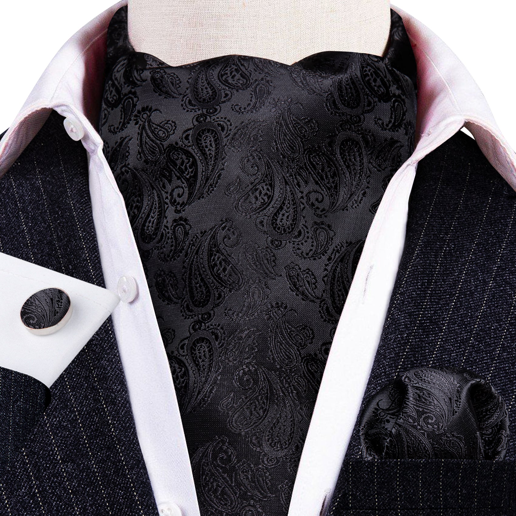 Black Paisley Silk Ascot Tie Handkerchief Cufflinks Set