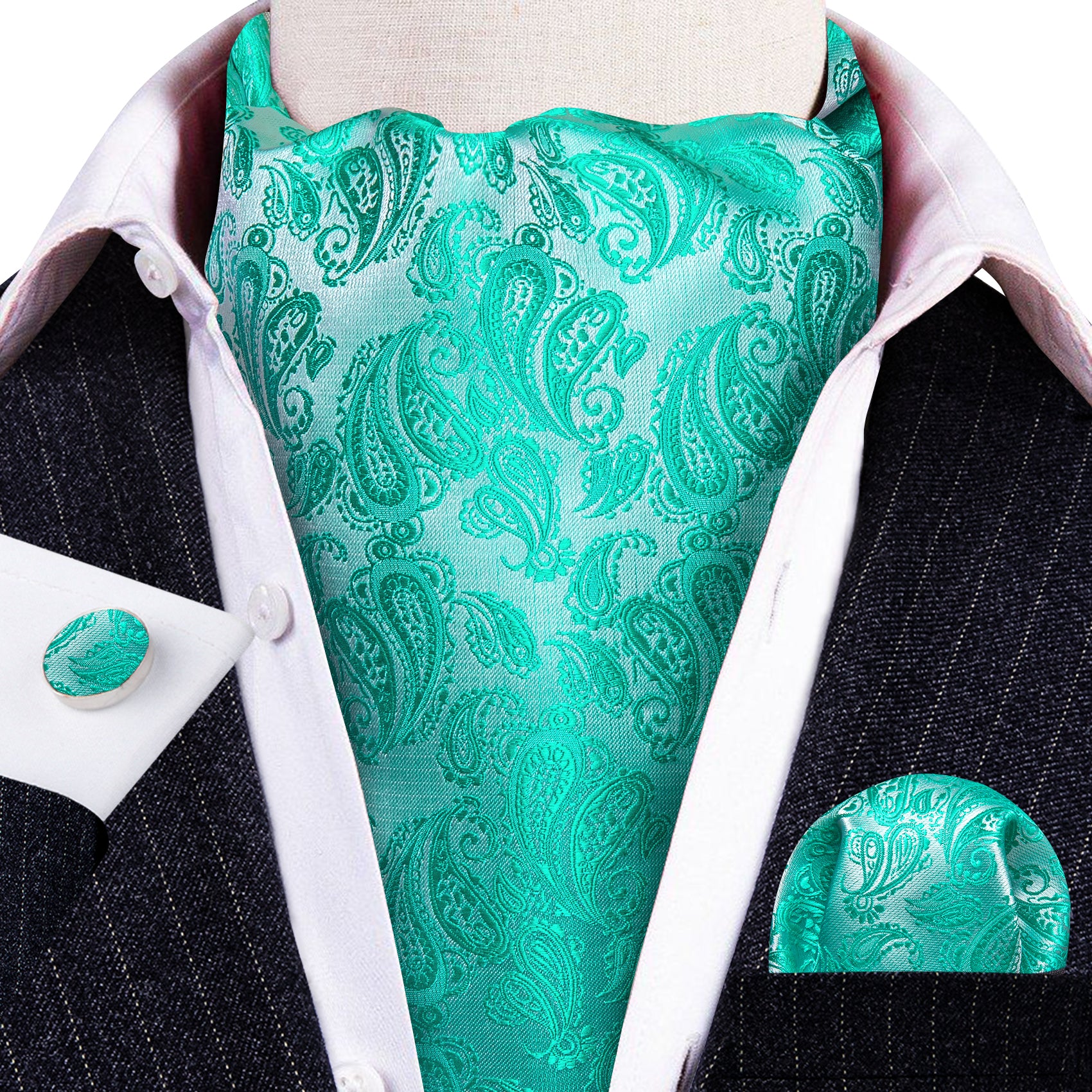 Aqua Silver Paisley Silk Ascot Tie Handkerchief Cufflinks Set