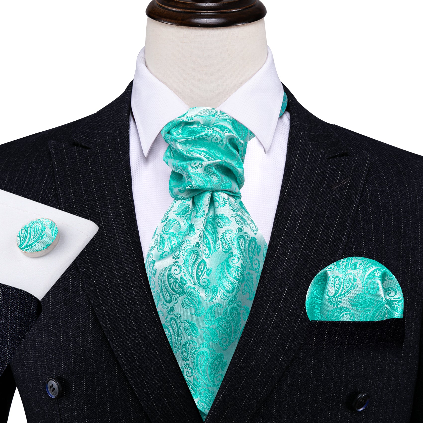 Barry.wang Men's Tie Pale Teal Paisley Silk Ascot Tie Handkerchief Cufflinks Set