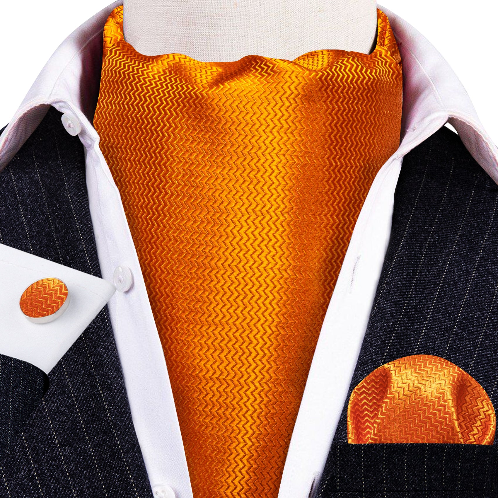 Orange Solid Silk Ascot Tie Handkerchief Cufflinks Set