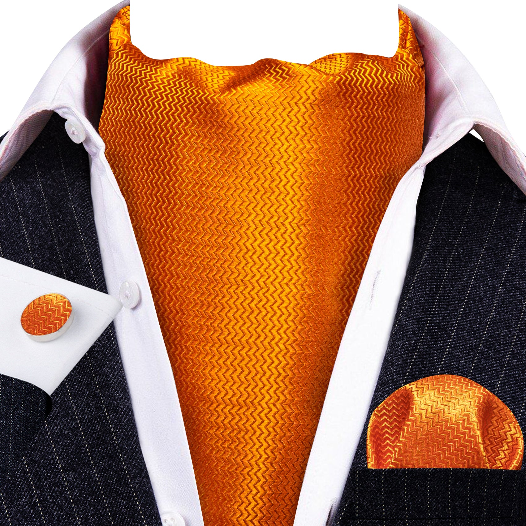 Orange Solid Silk Ascot Tie Handkerchief Cufflinks Set