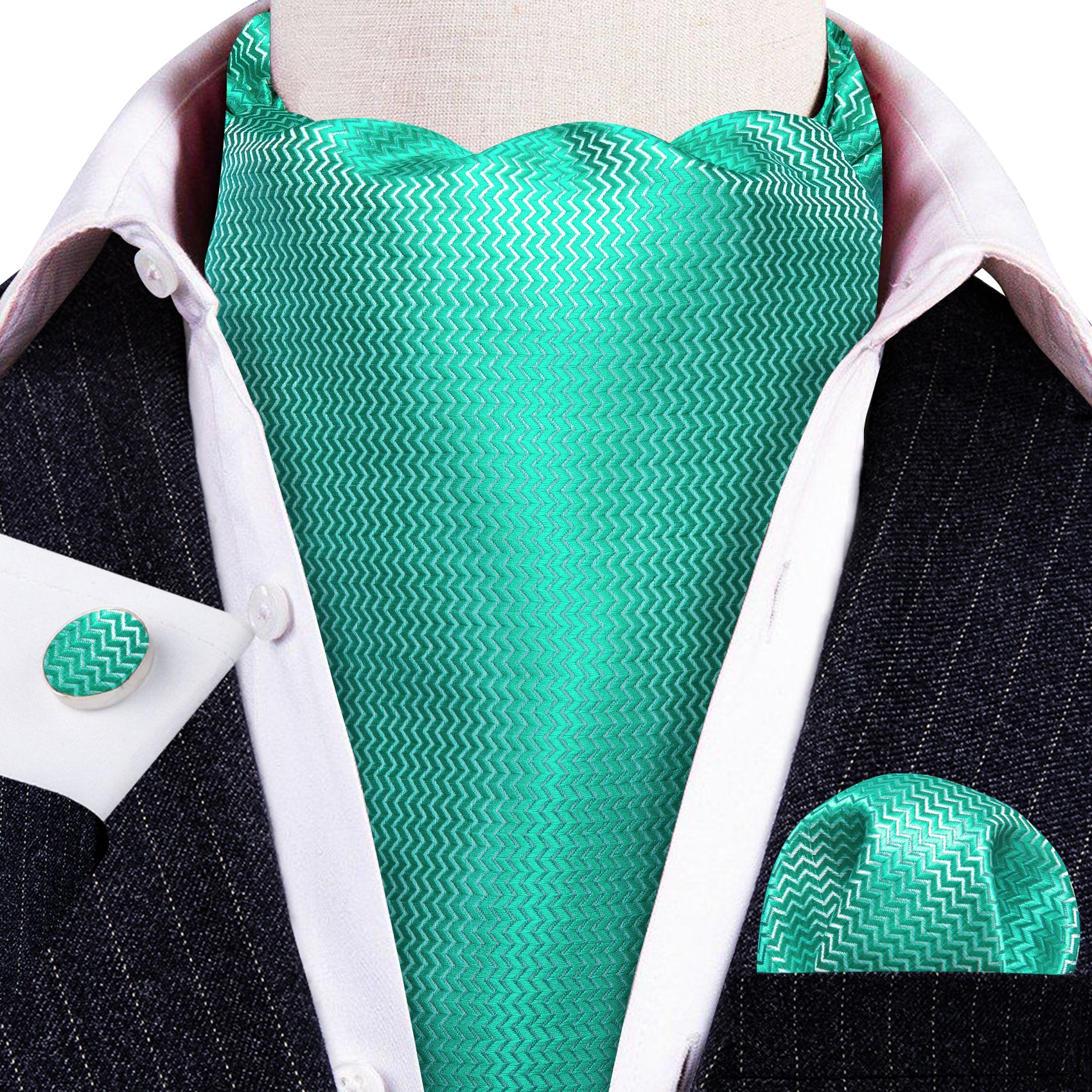 Aqua Solid Silk Ascot Tie Handkerchief Cufflinks Set