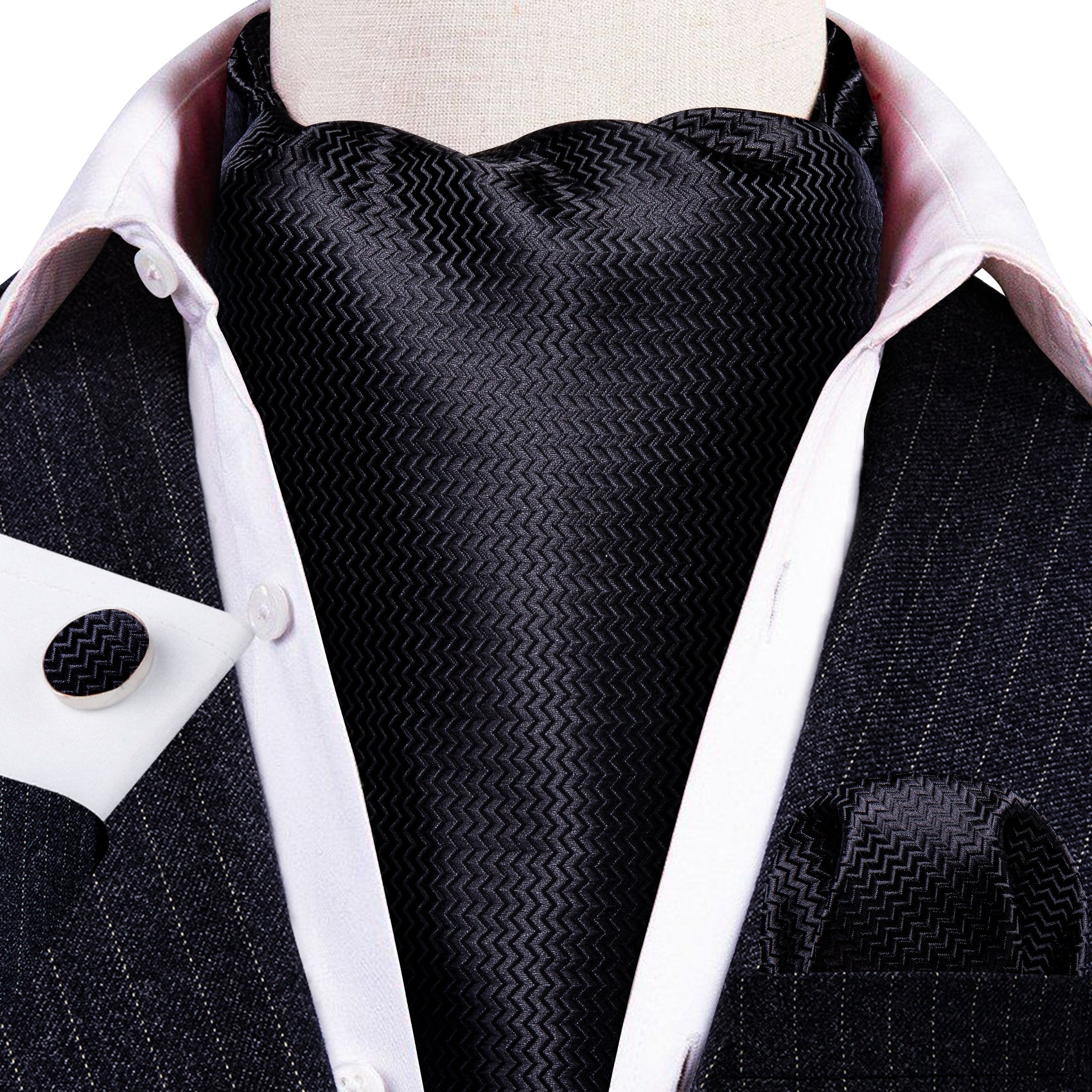 Black Solid Silk Ascot Tie Handkerchief Cufflinks Set