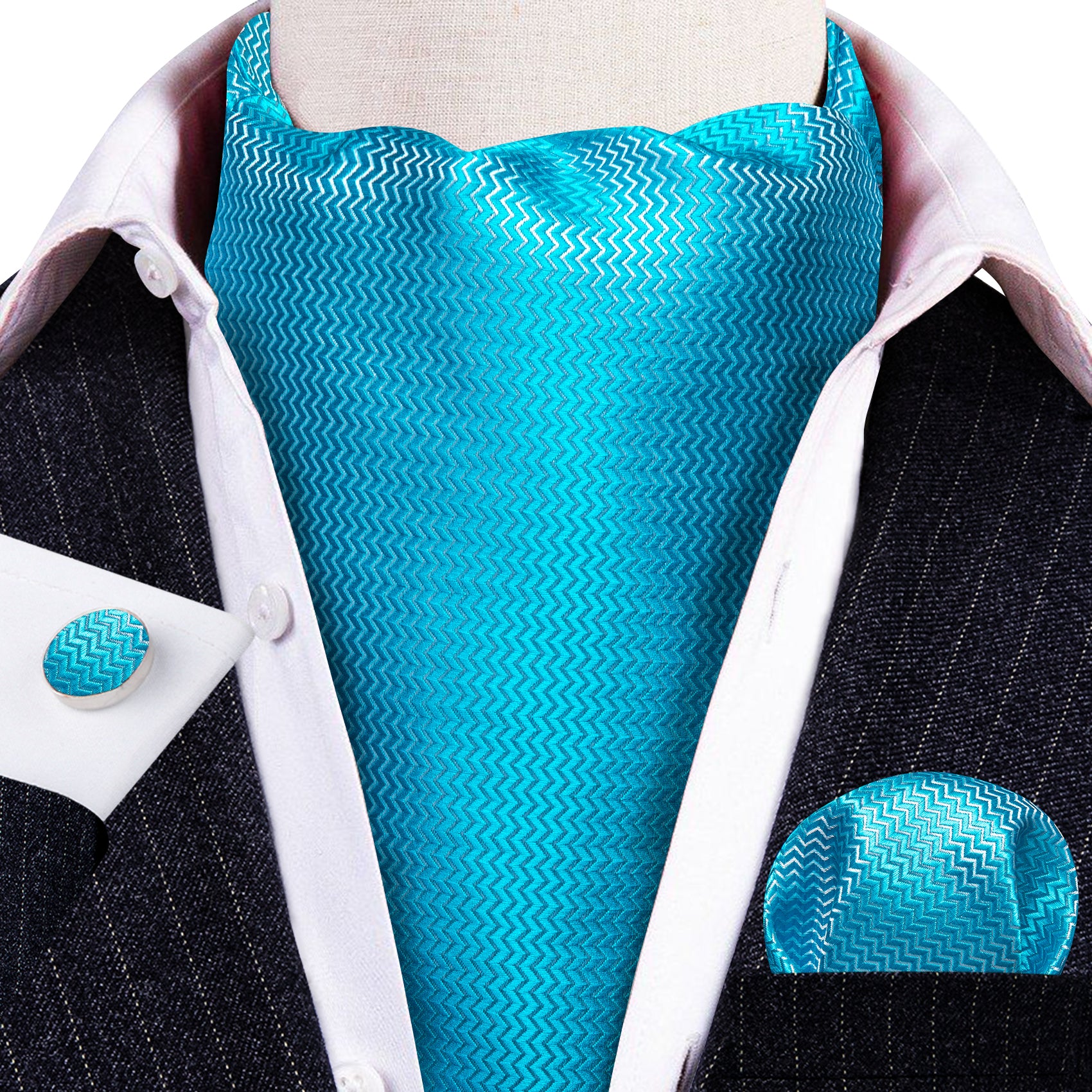 Sky Blue Solid Silk Ascot Tie Handkerchief Cufflinks Set
