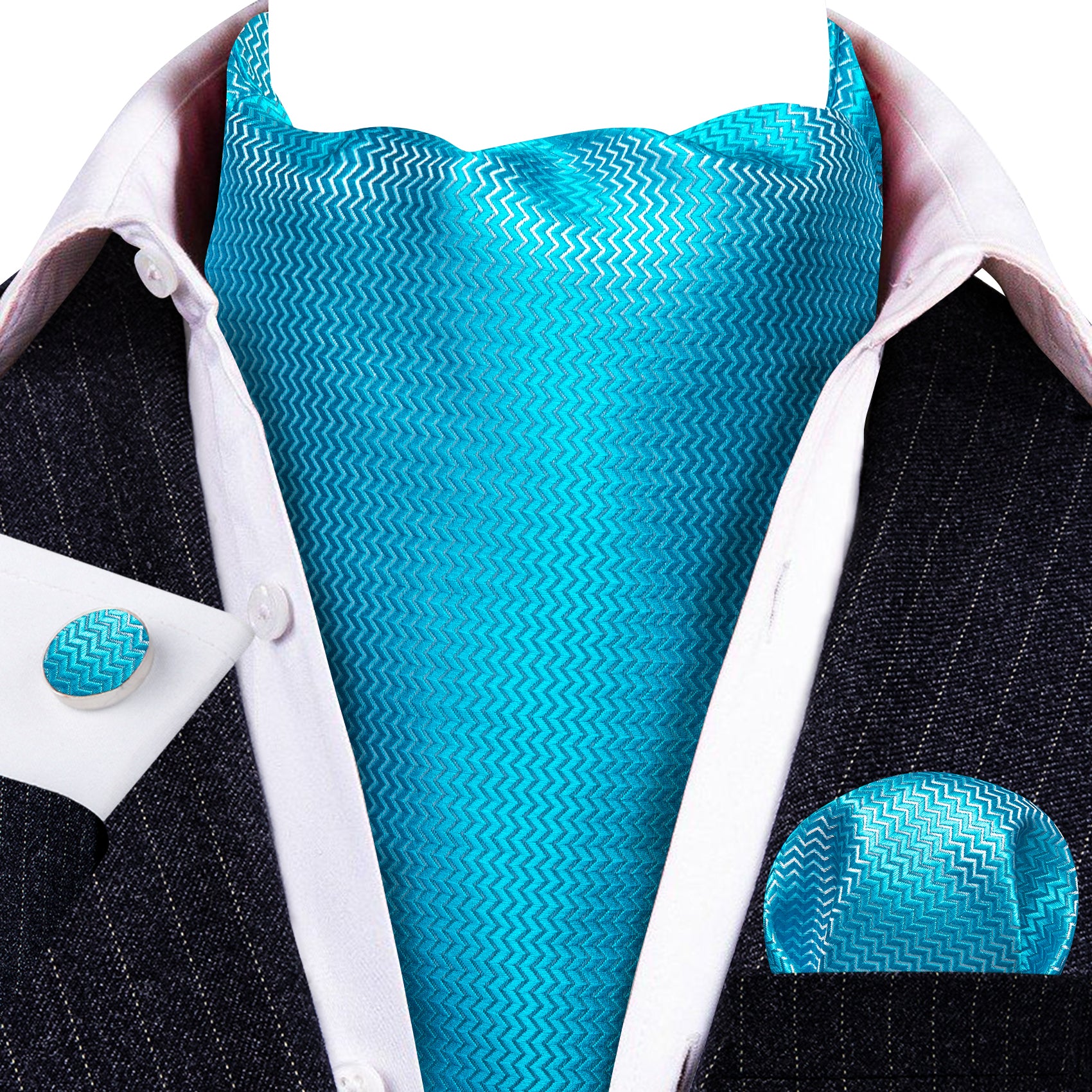 Sky Blue Solid Silk Ascot Tie Handkerchief Cufflinks Set