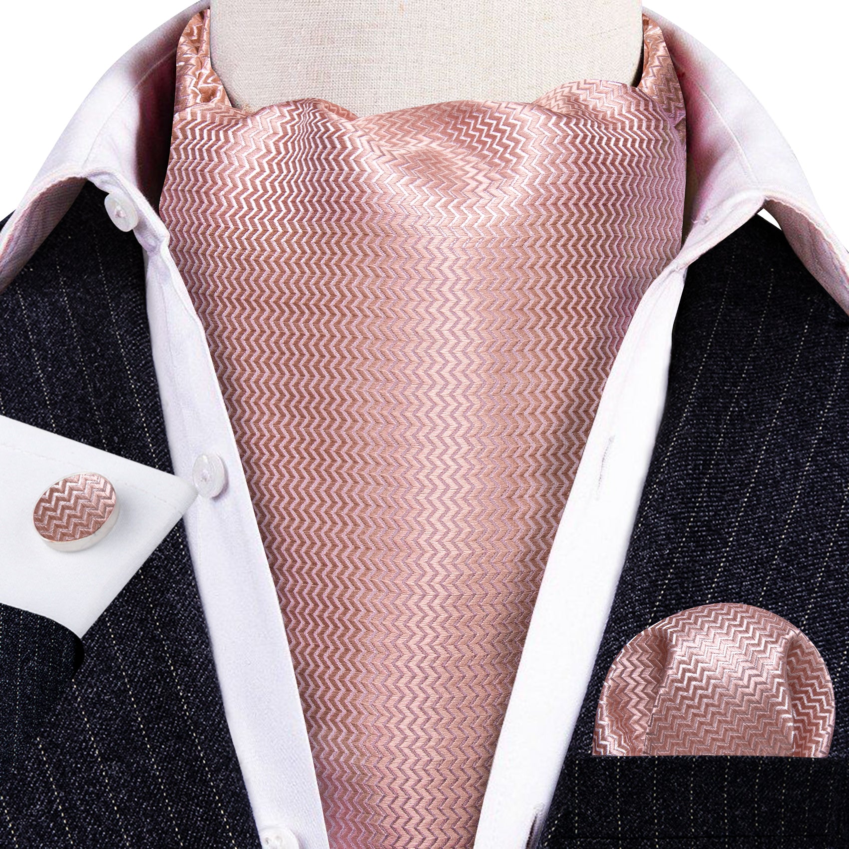 Pink Solid Silk Ascot Tie Handkerchief Cufflinks Set