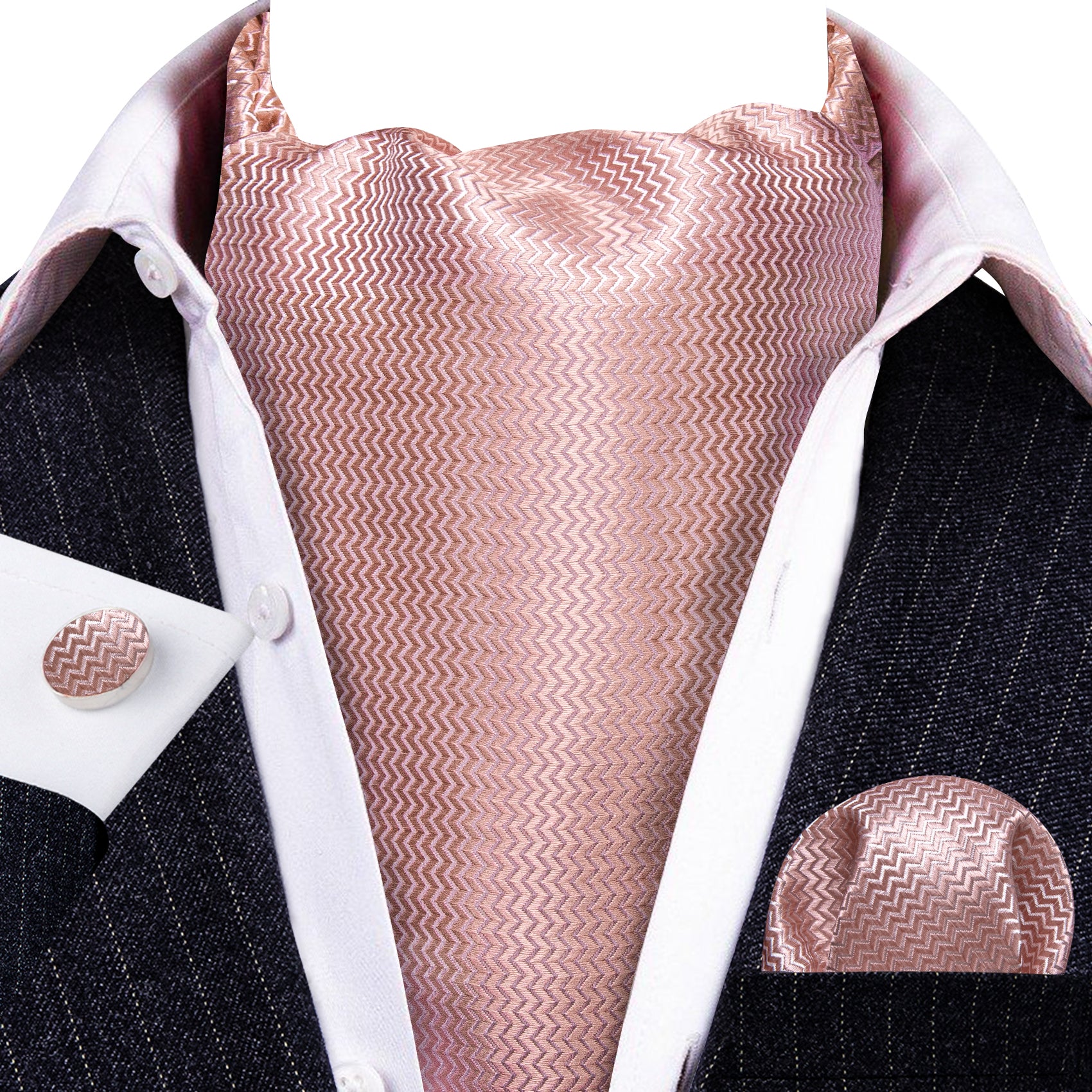 Pink Solid Silk Ascot Tie Handkerchief Cufflinks Set