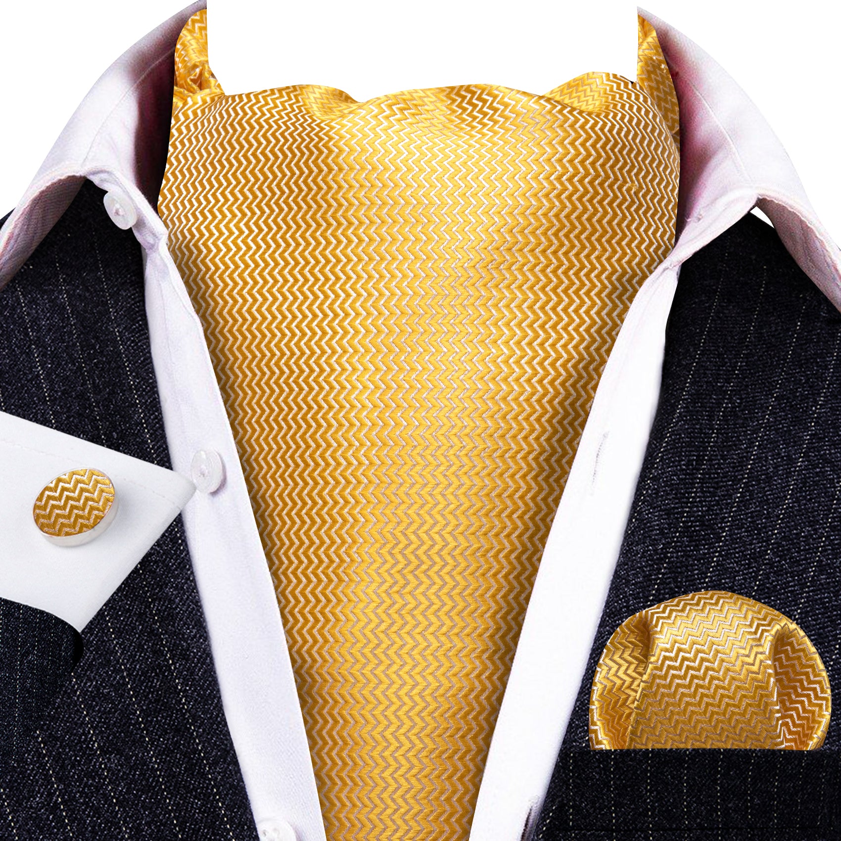 Yellow Solid Silk Ascot Tie Handkerchief Cufflinks Set