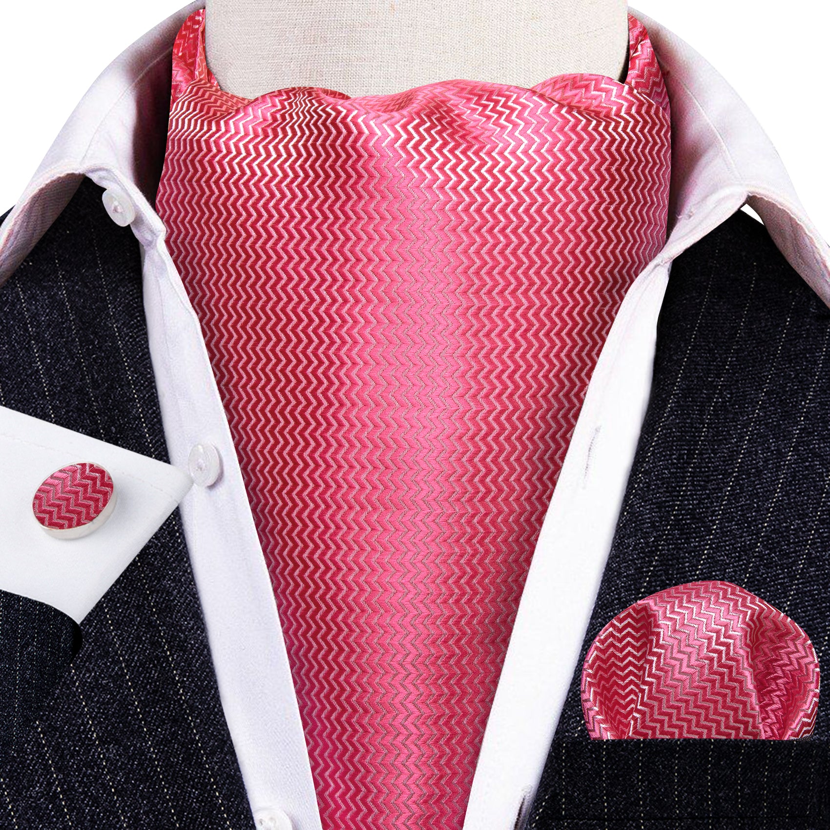 Shock Pink Solid Silk Ascot Tie Handkerchief Cufflinks Set