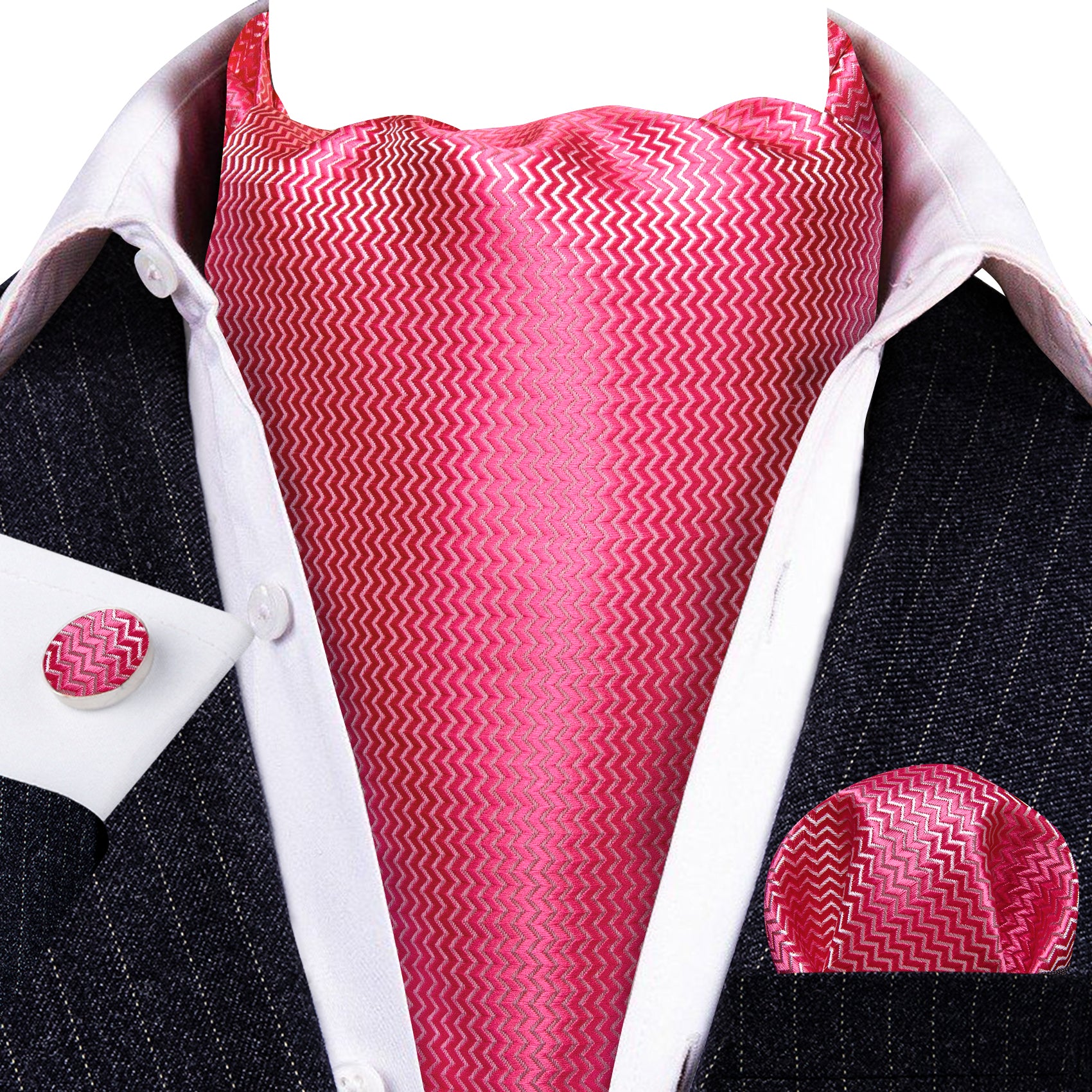 Shock Pink Solid Silk Ascot Tie Handkerchief Cufflinks Set