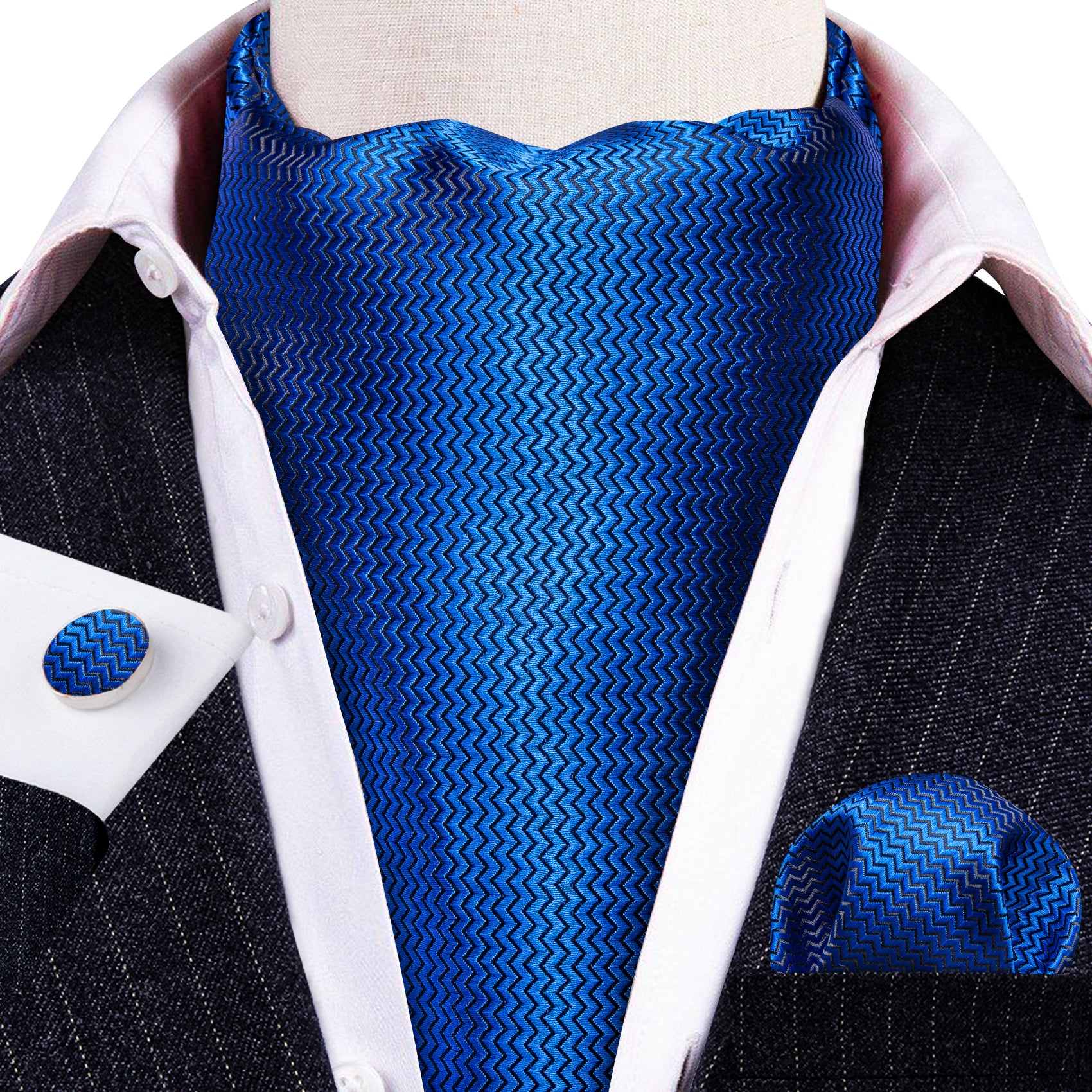 Cobalt Blue Solid Silk Ascot Tie Handkerchief Cufflinks Set