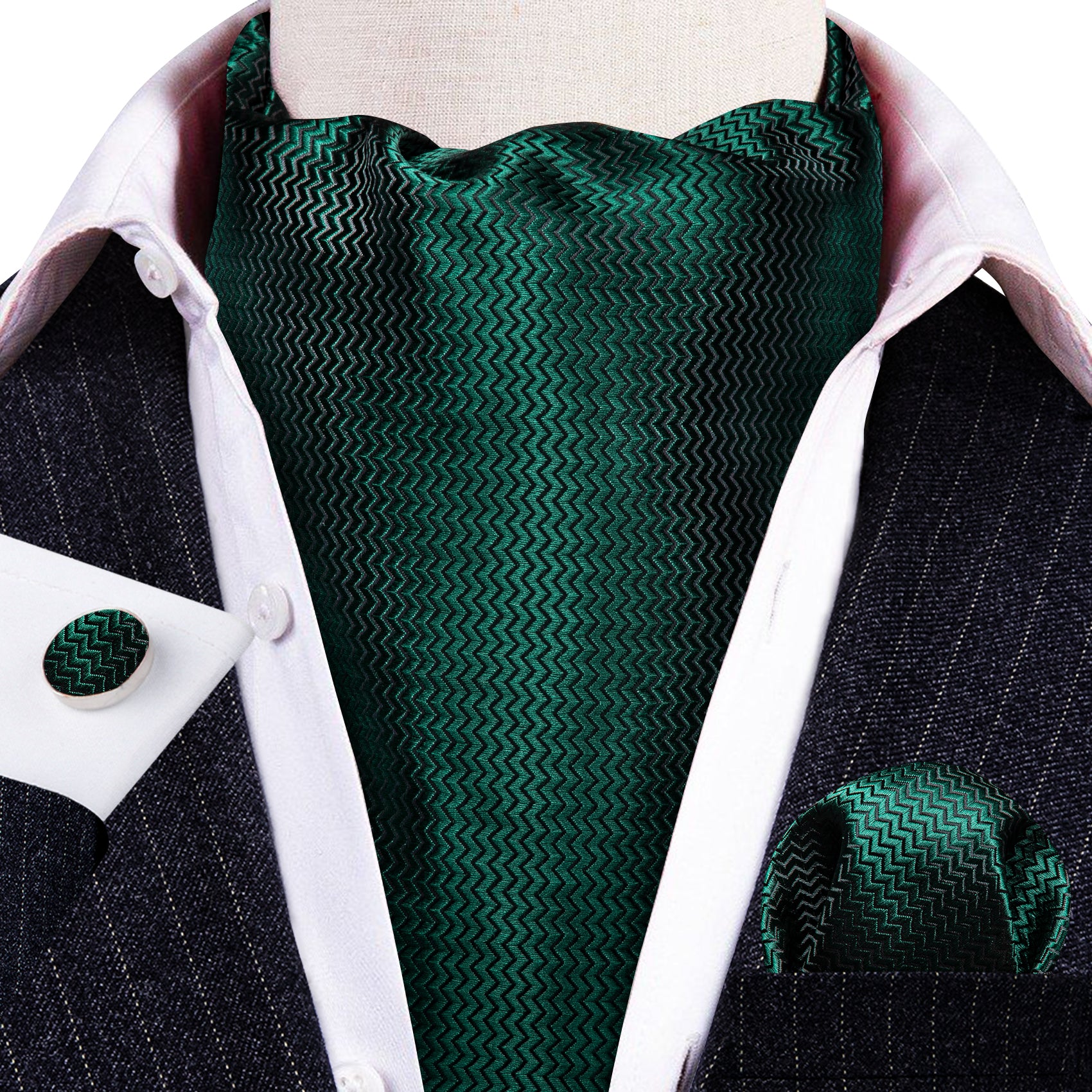 Green Solid Silk Ascot Tie Handkerchief Cufflinks Set
