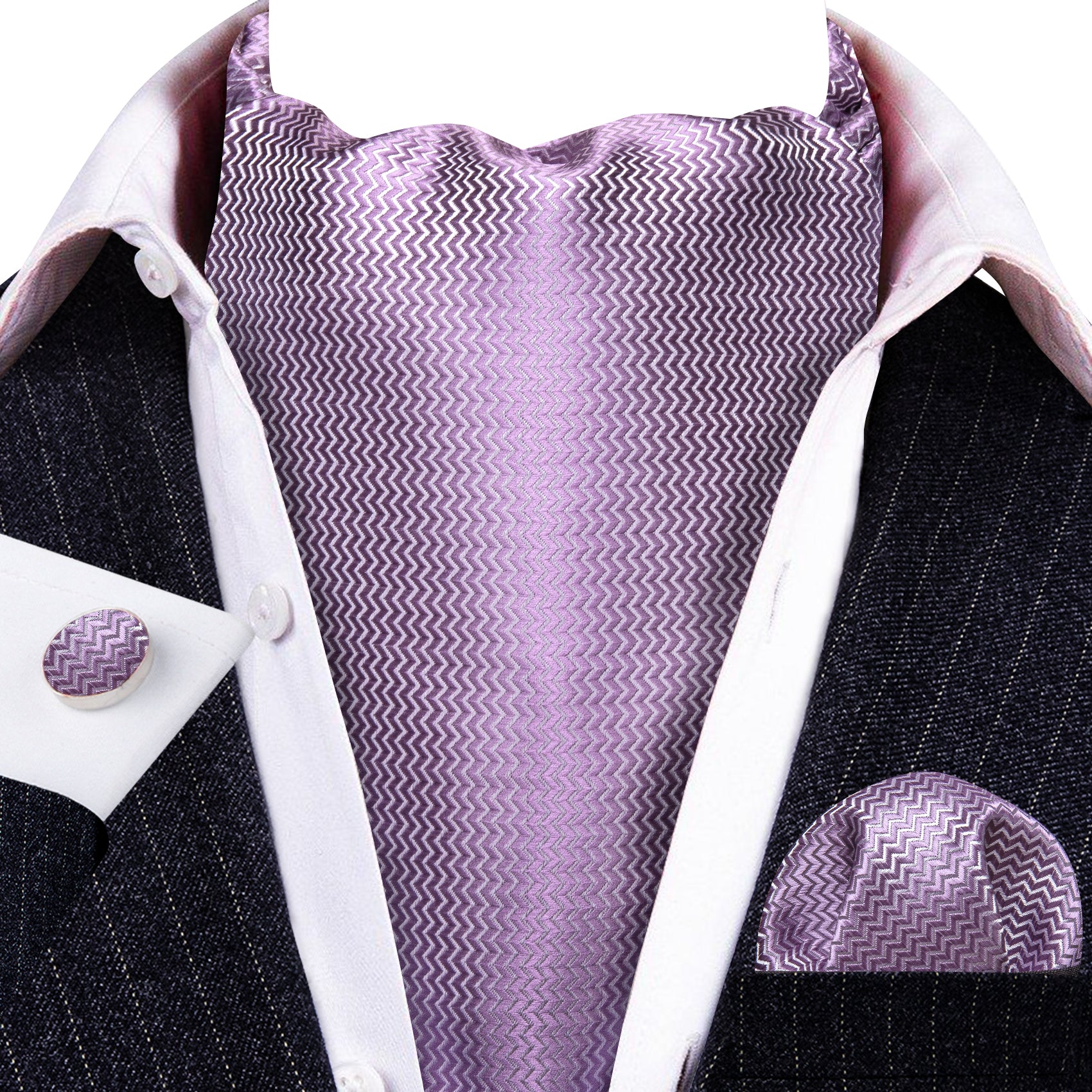 Mist Violet Solid Silk Ascot Tie Handkerchief Cufflinks Set