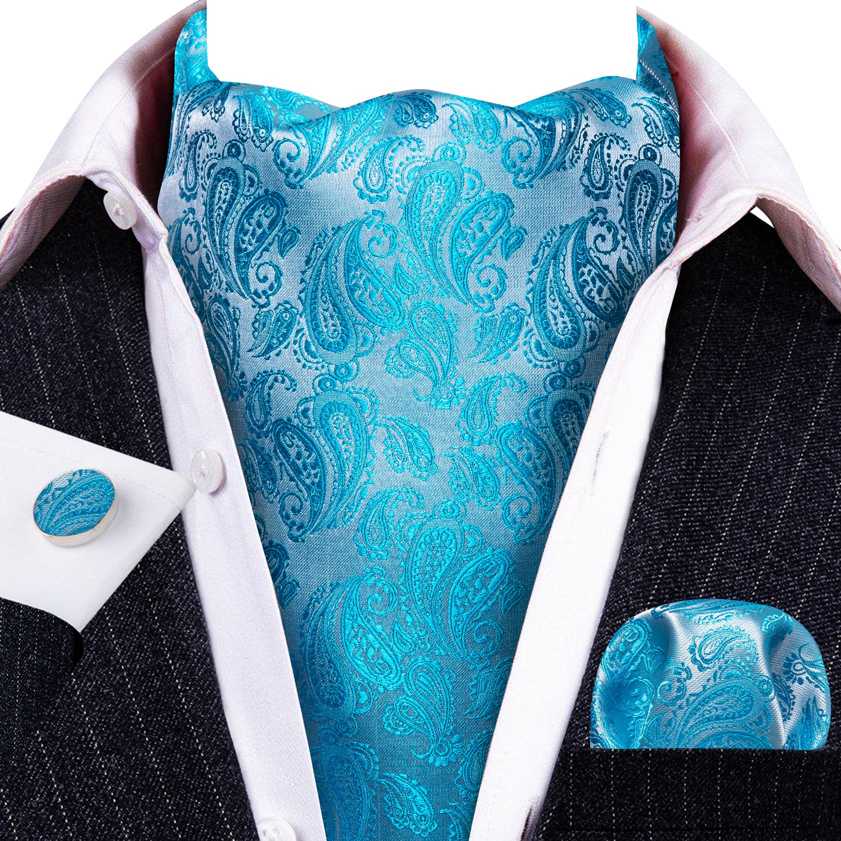 Pale Blue Solid Silk Ascot Tie Handkerchief Cufflinks Set