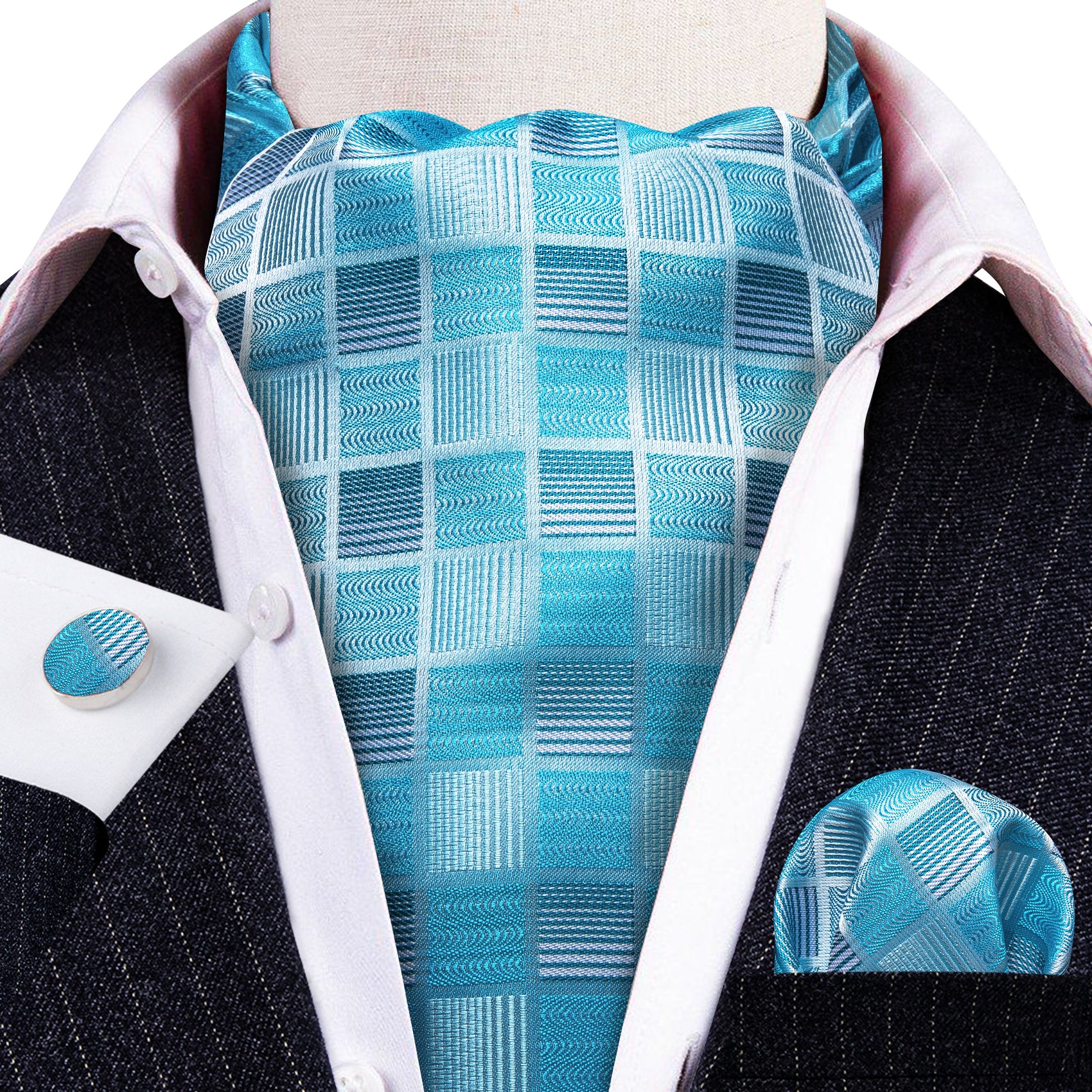 Blue Plaid Silk Ascot Tie Handkerchief Cufflinks Set