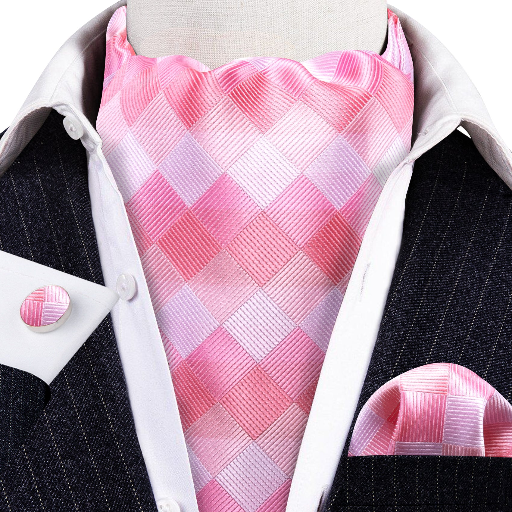 Pink White Plaid Silk Ascot Tie Handkerchief Cufflinks Set