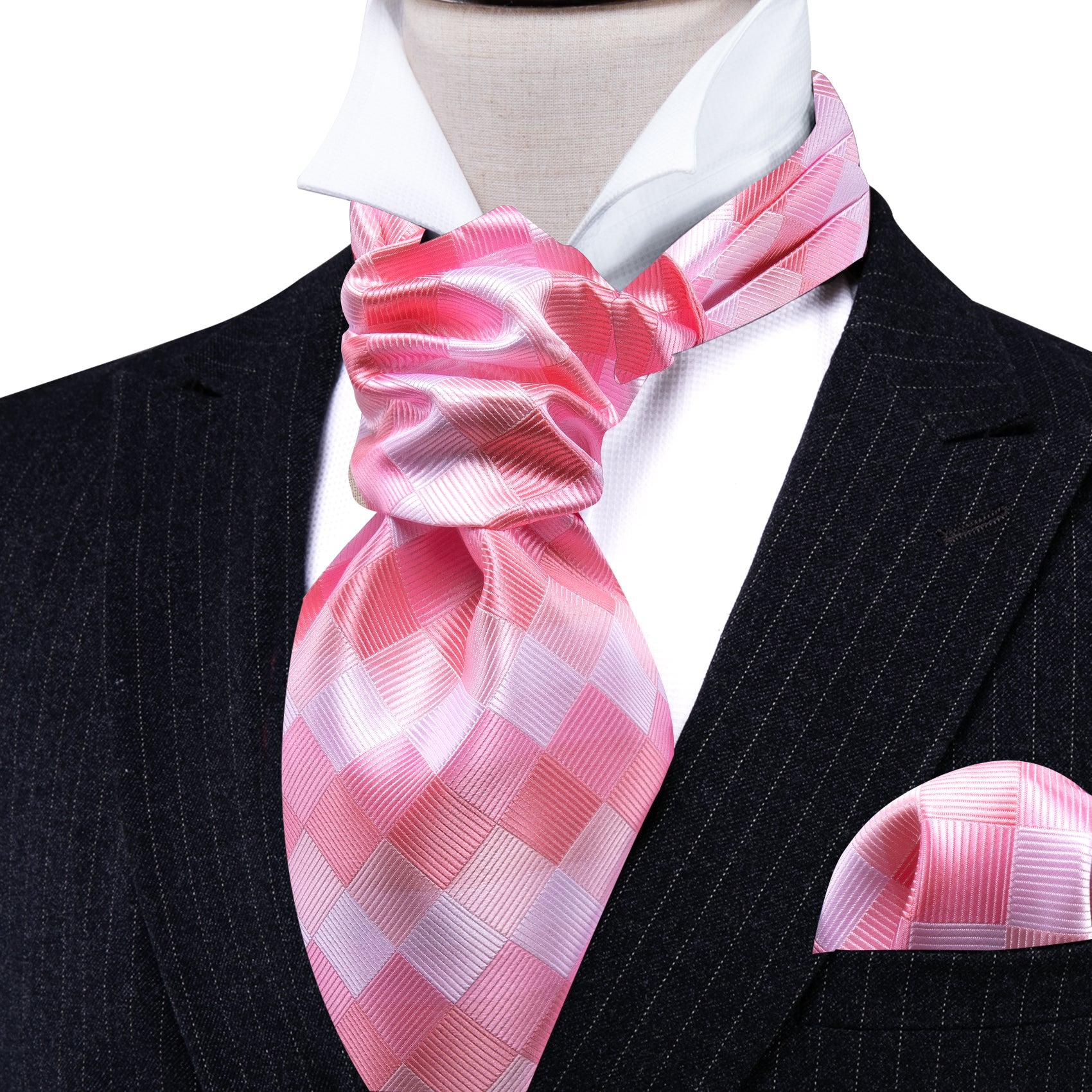 Pink White Plaid Silk Ascot Tie Handkerchief Cufflinks Set