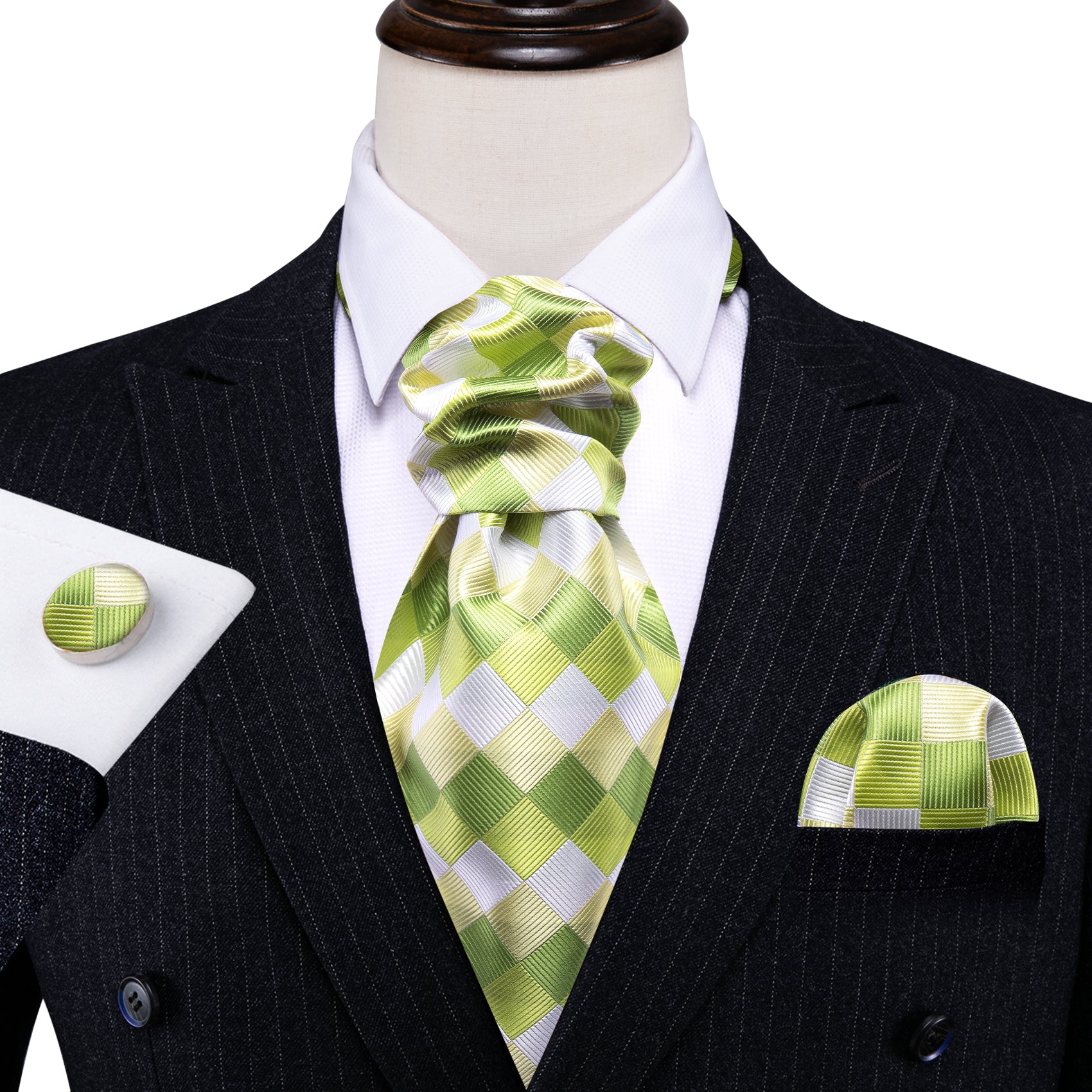 Green White Plaid Silk Ascot Tie Handkerchief Cufflinks Set