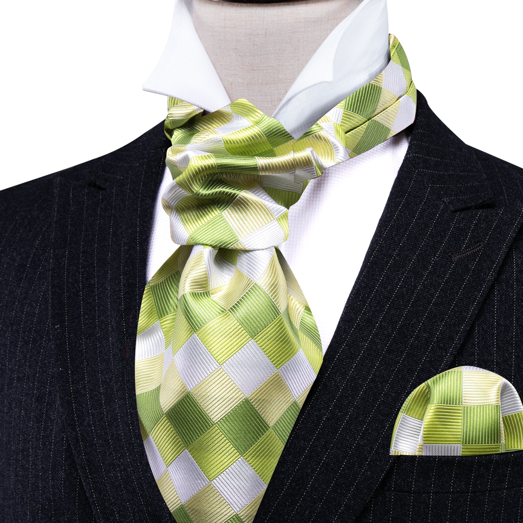 Green White Plaid Silk Ascot Tie Handkerchief Cufflinks Set
