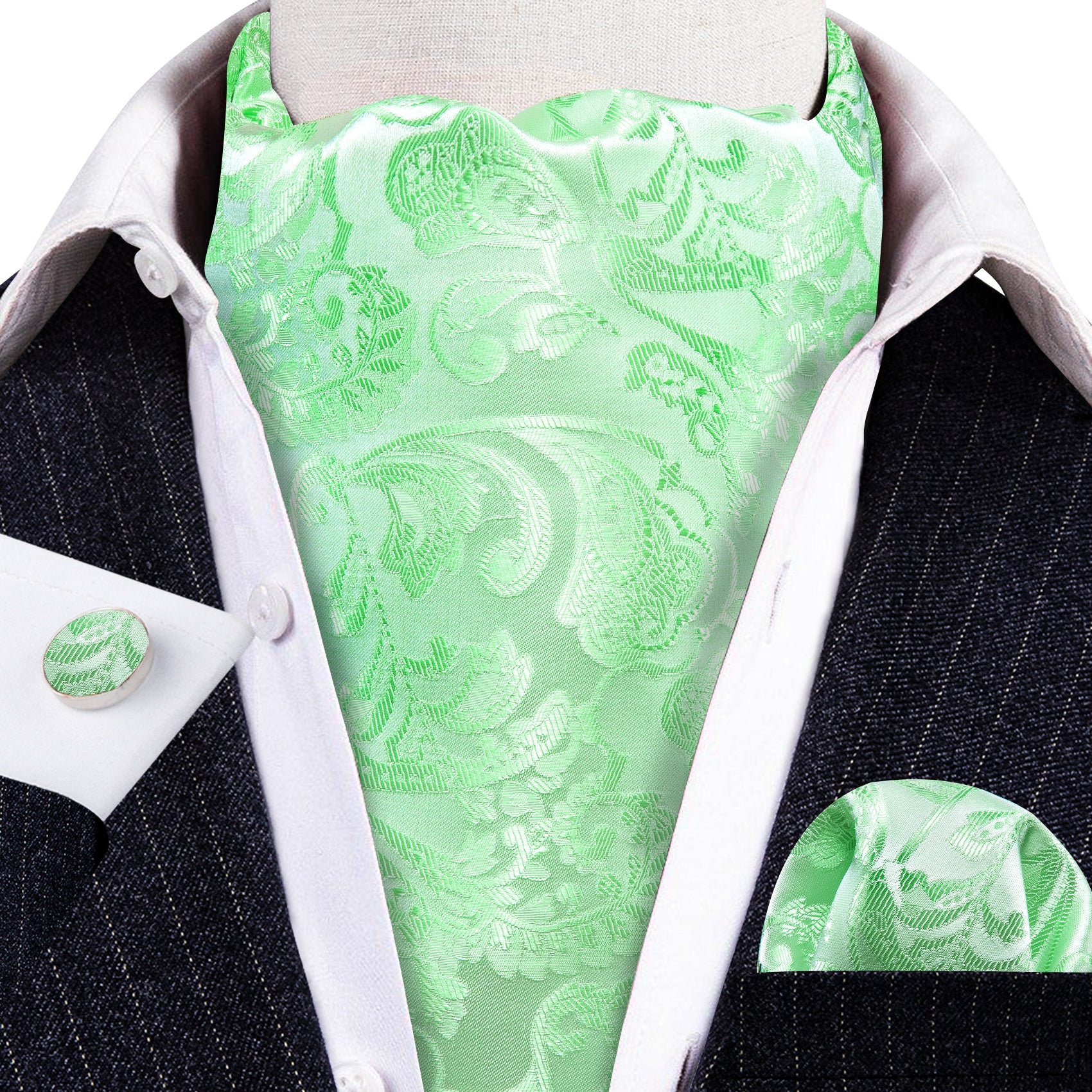 Green Paisley Silk Ascot Tie Handkerchief Cufflinks Set