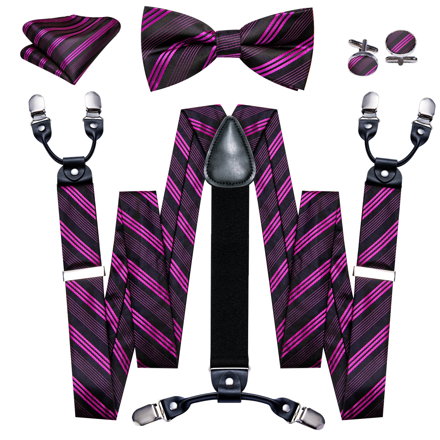 Purple Black Striped Y Back Adjustable Bow Tie Suspenders Set