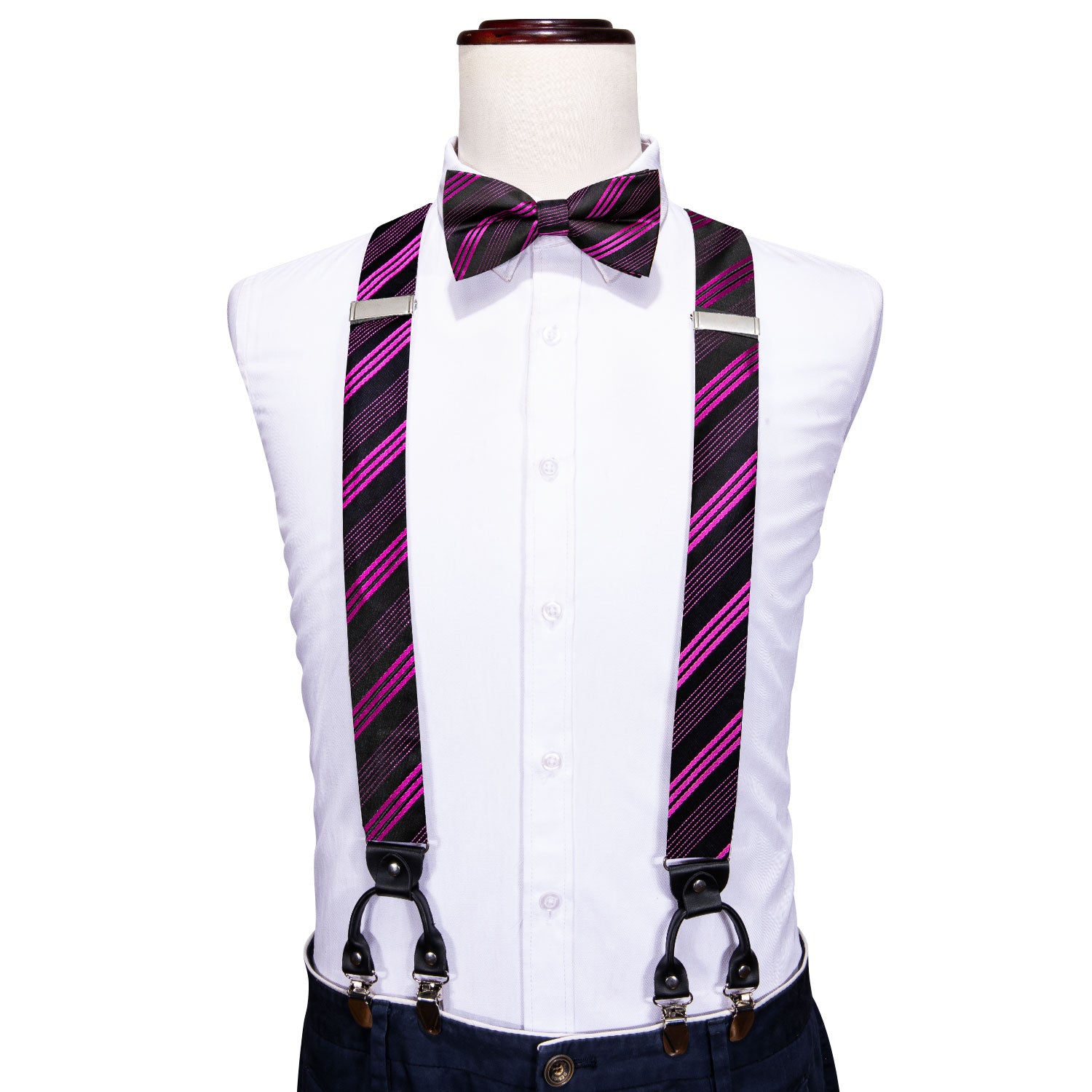 Purple Black Striped Y Back Adjustable Bow Tie Suspenders Set