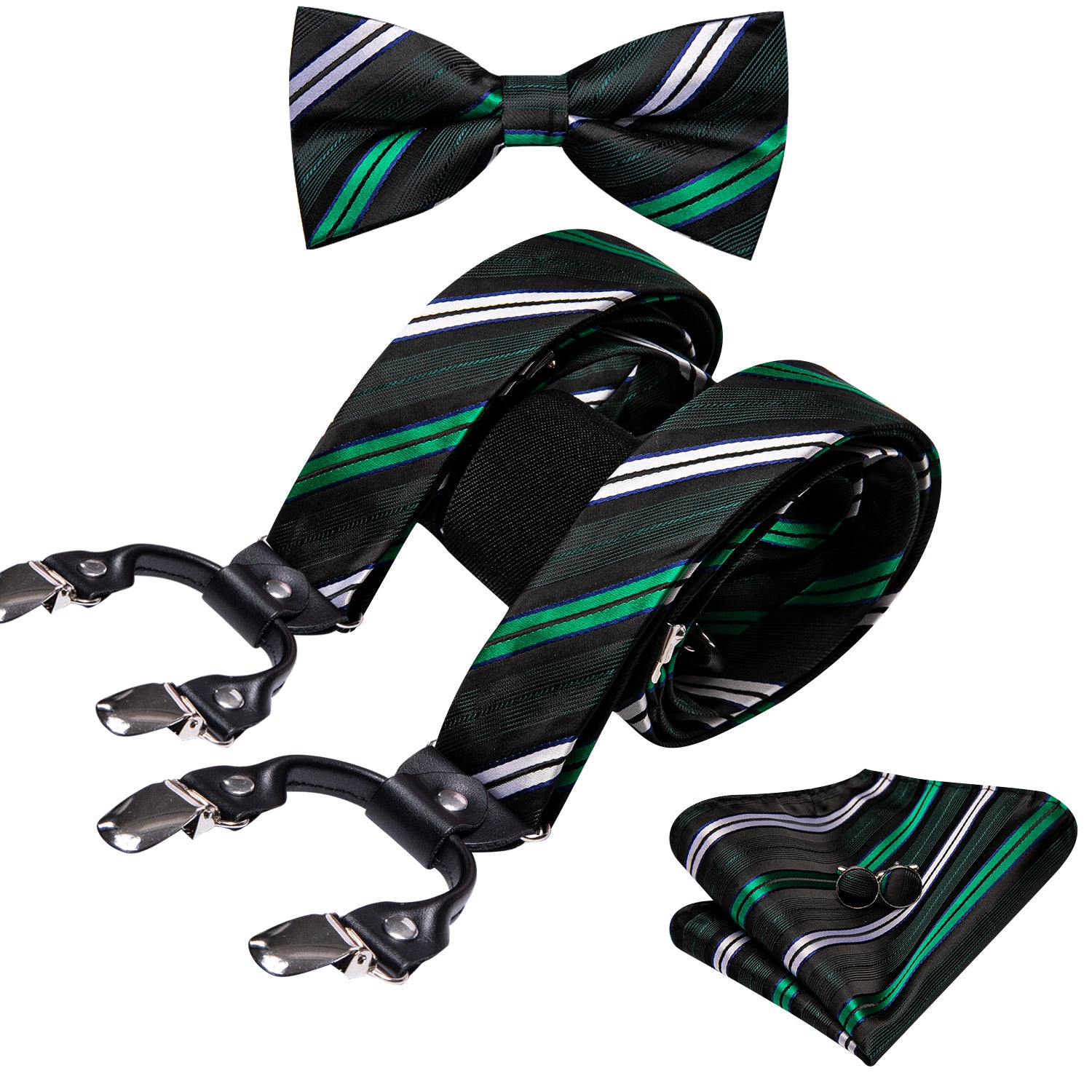 Barry.wang Black Tie Green White Striped Y Back Adjustable Bow Tie Suspenders Set